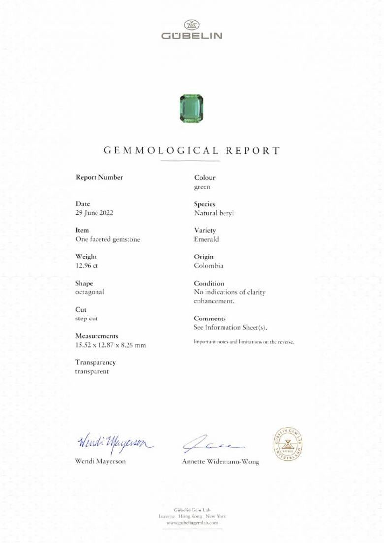 Ottagono Anello con smeraldo e diamante colombiano senza olio, certificato SSEF Gübelin AGL in vendita