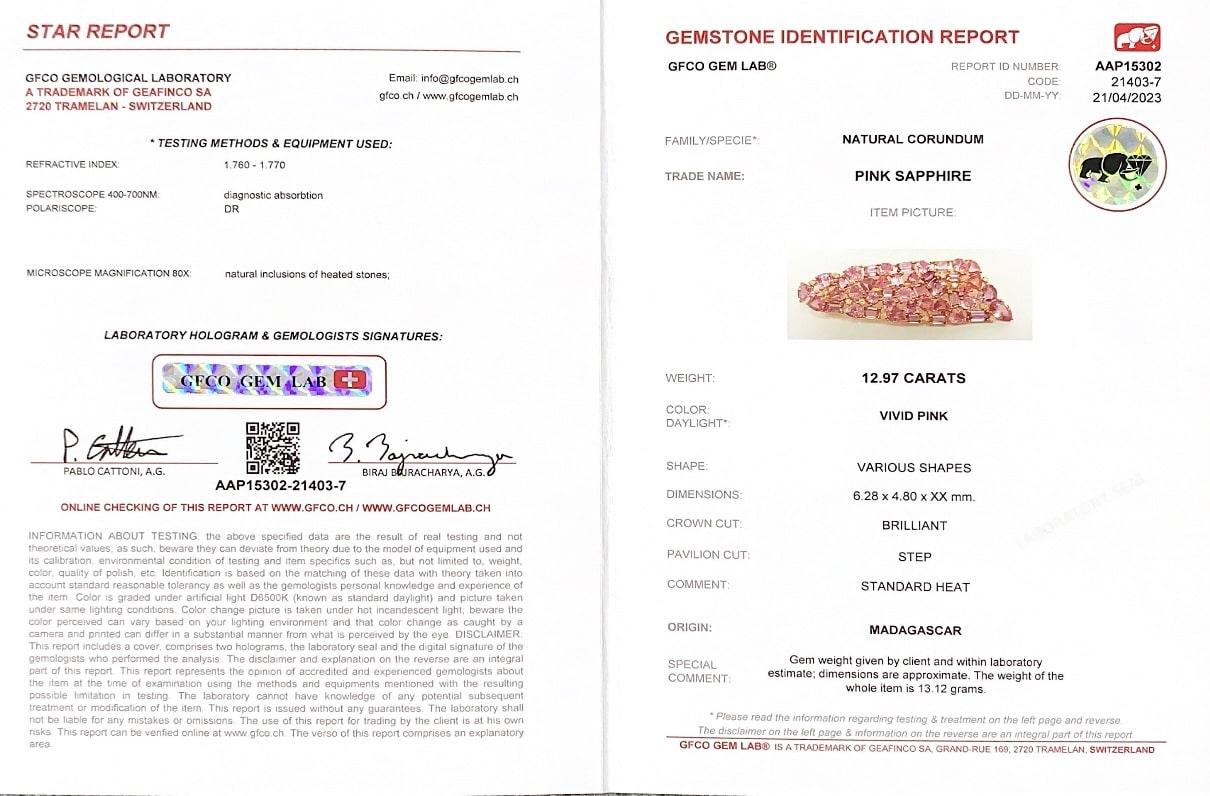 12,97 Karat Rosa Saphire & OMC Diamant Brosche Revers Anstecknadel aus 18k Gelbgold im Angebot 10