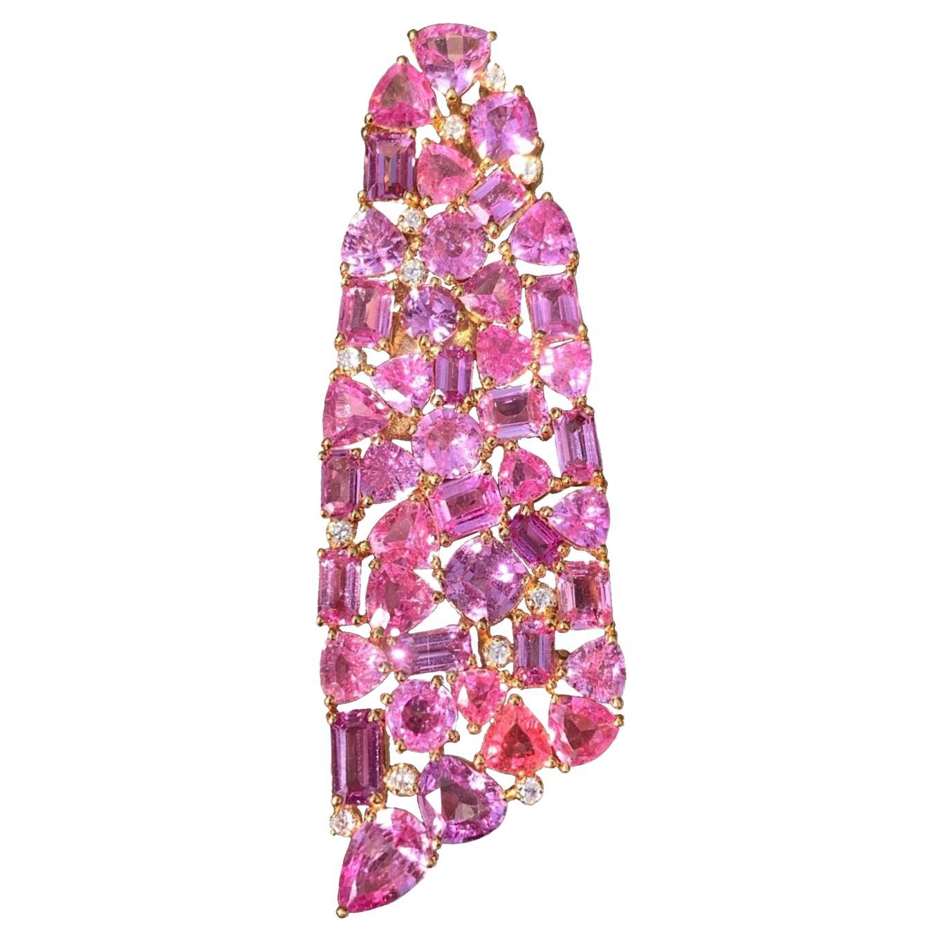 Alfiler de solapa con zafiros rosas de 12,97 quilates y broche de diamantes OMC en oro amarillo de 18 quilates