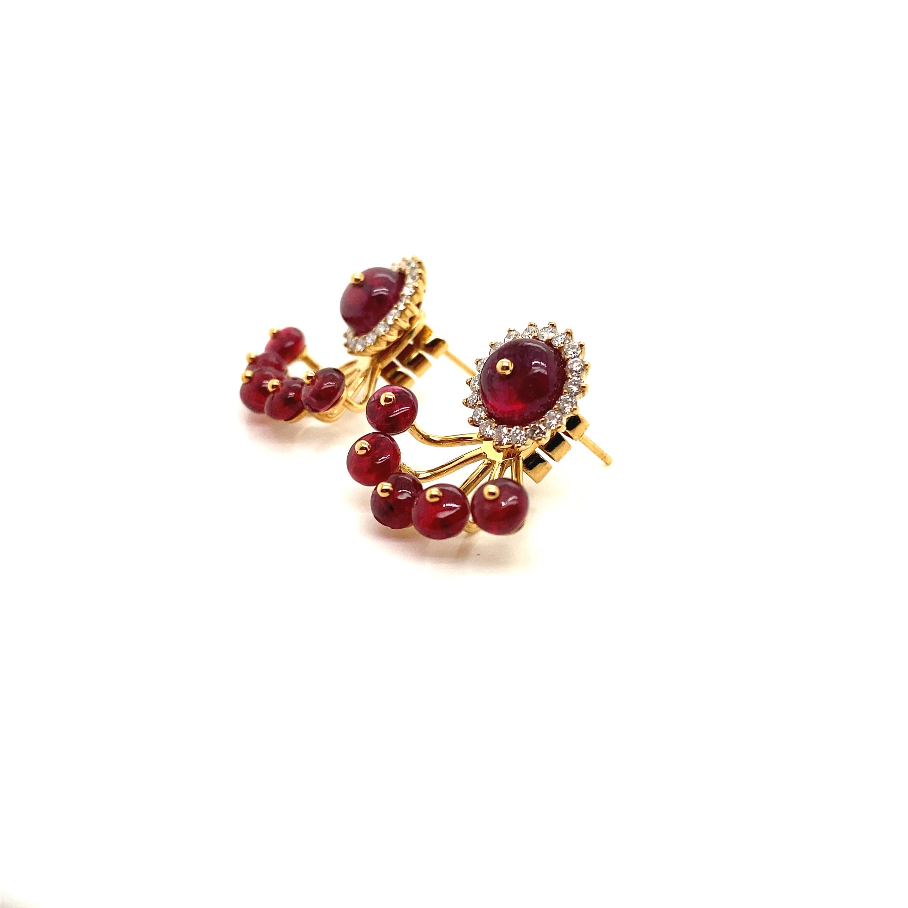 12.98 Carat Natural Red Spinel Beads and Diamond Gold Earrings For Sale 5