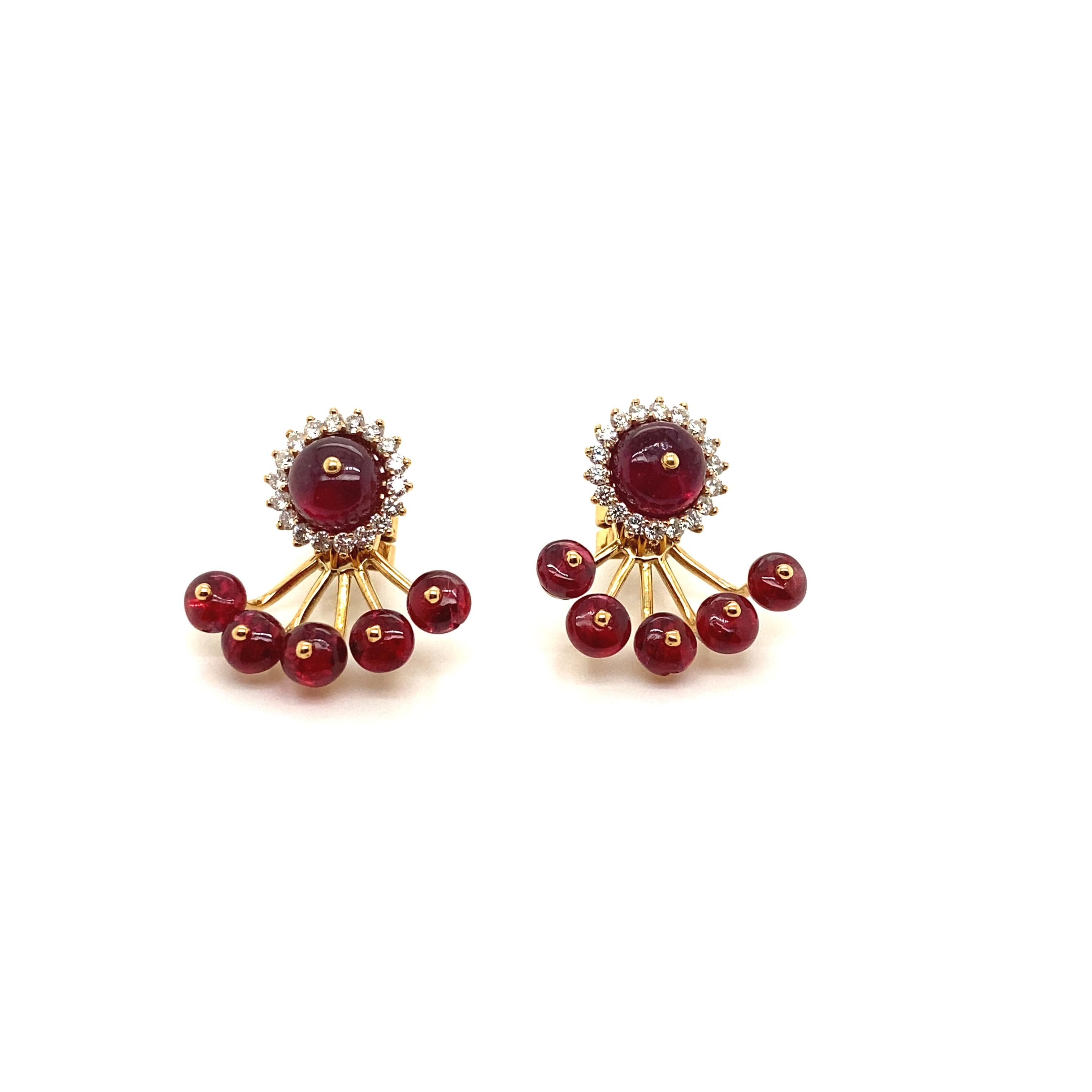 Modern 12.98 Carat Natural Red Spinel Beads and Diamond Gold Earrings For Sale