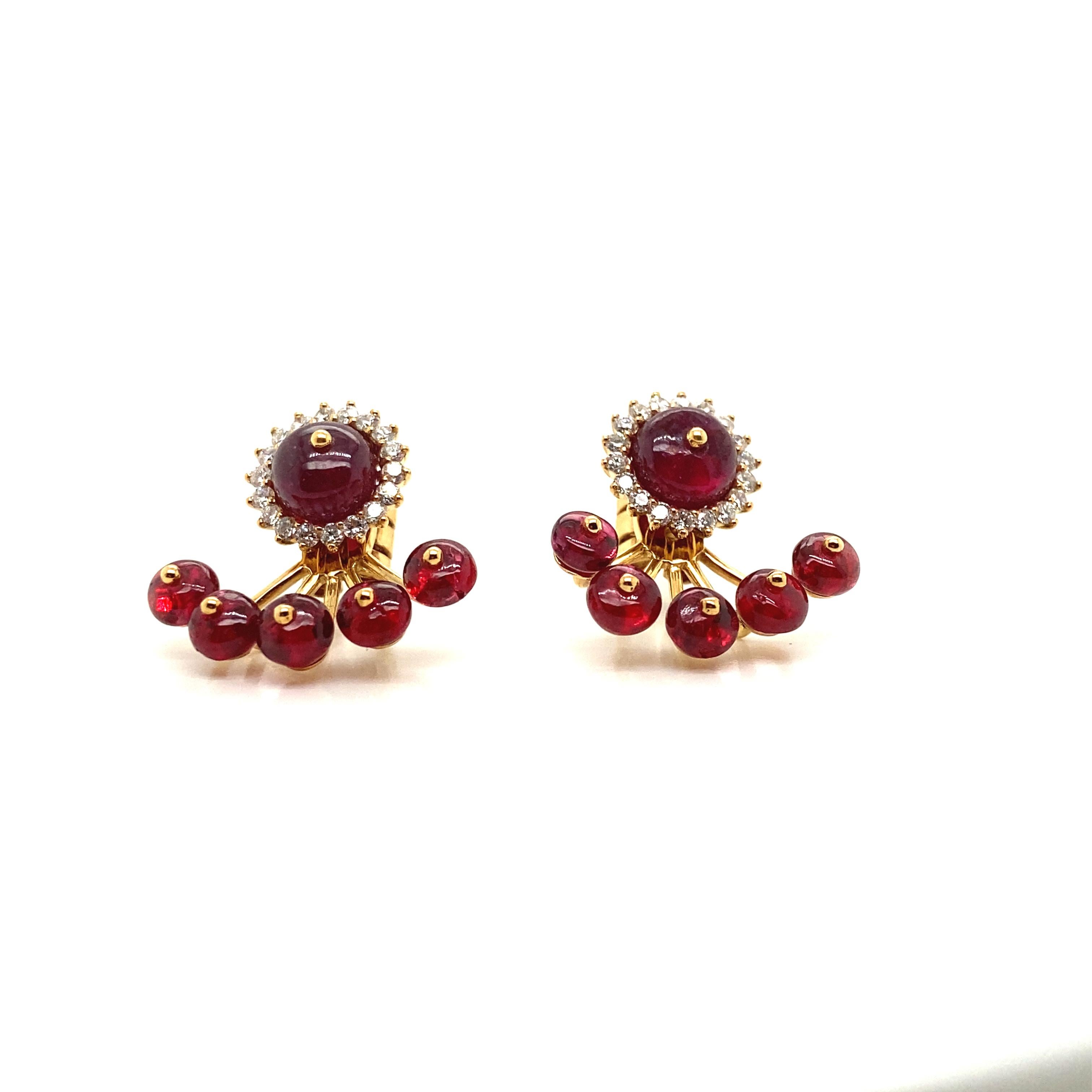 Women's or Men's 12.98 Carat Natural Red Spinel Beads and Diamond Gold Earrings For Sale