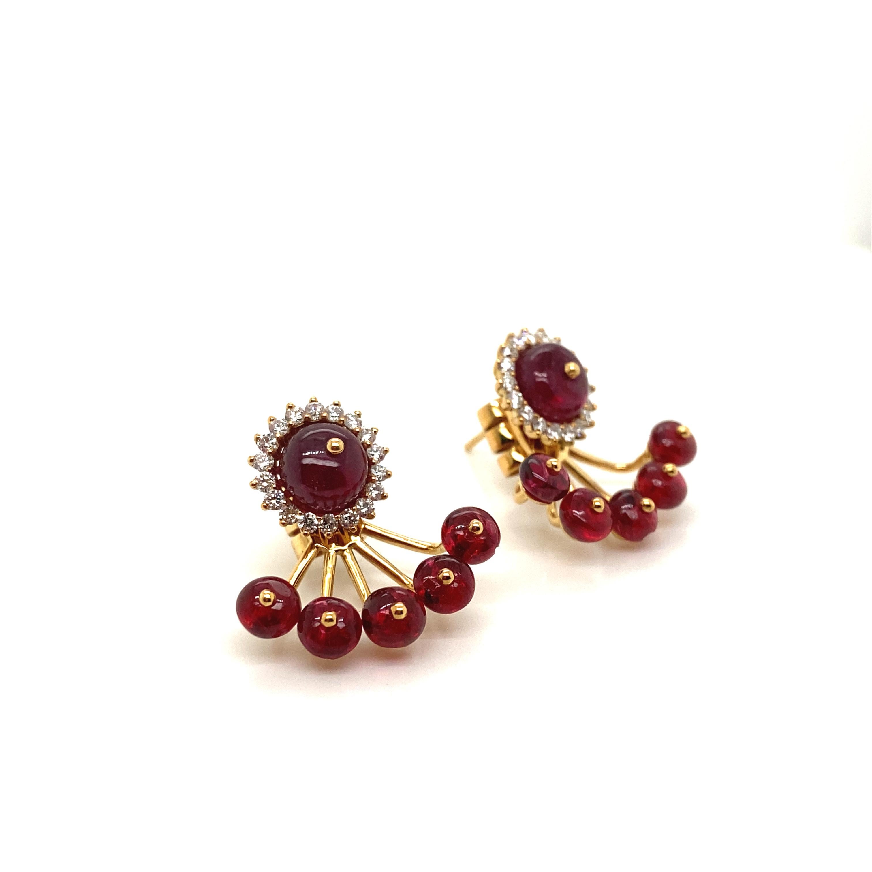 12.98 Carat Natural Red Spinel Beads and Diamond Gold Earrings For Sale 2