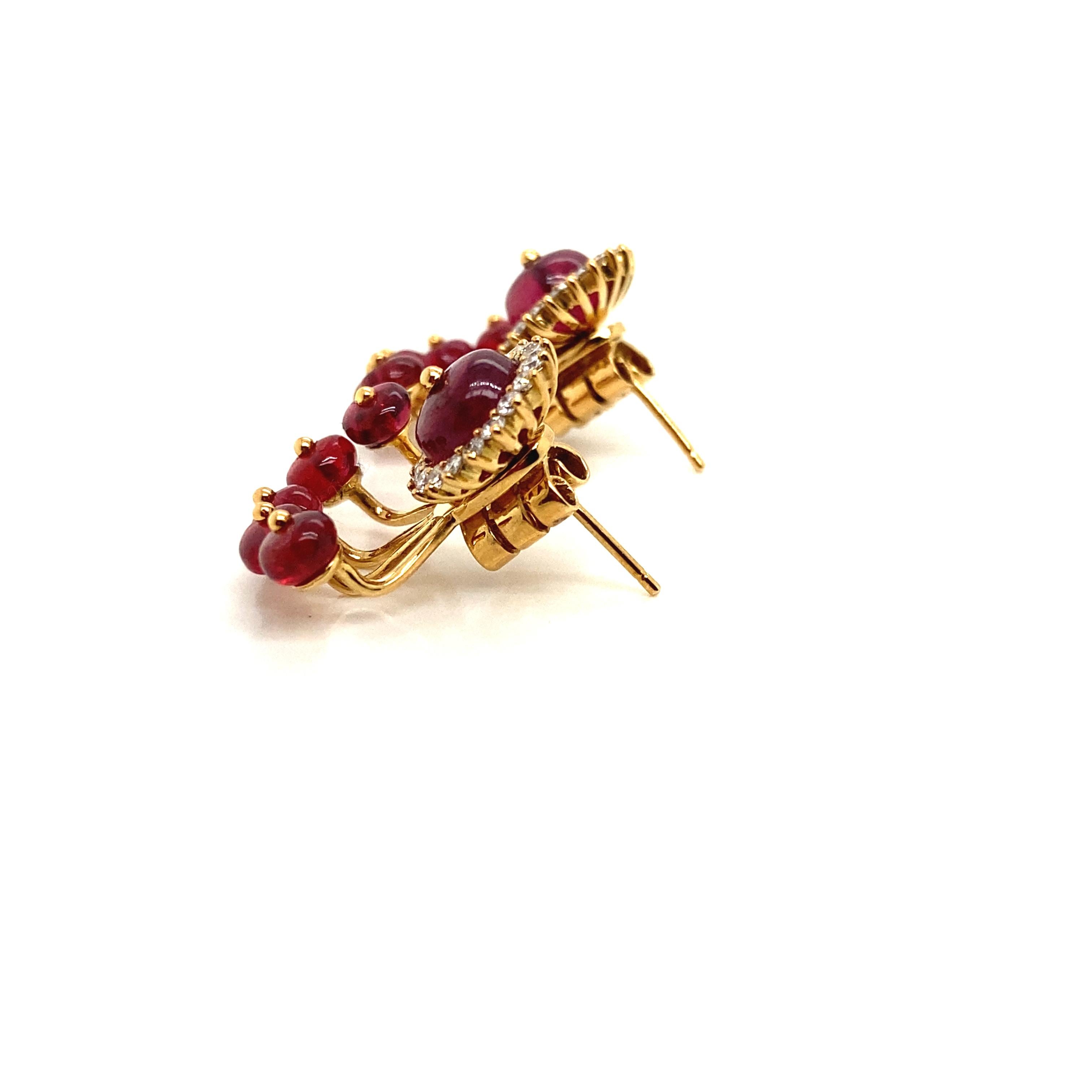 12.98 Carat Natural Red Spinel Beads and Diamond Gold Earrings For Sale 4