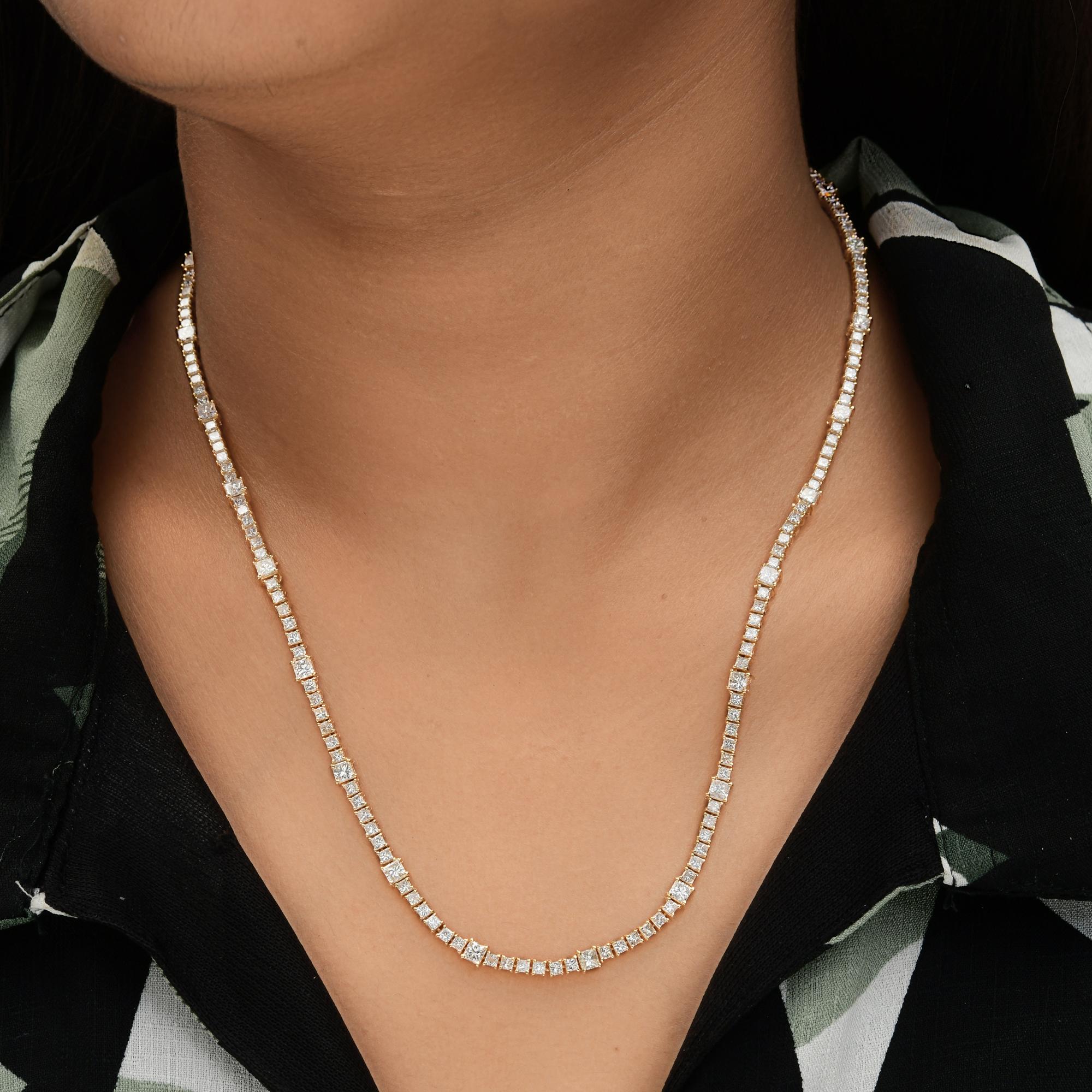 Modern 12.98 Carat SI/H Princess Cut Diamond Necklace 18 Karat Yellow Gold 22 Inches For Sale