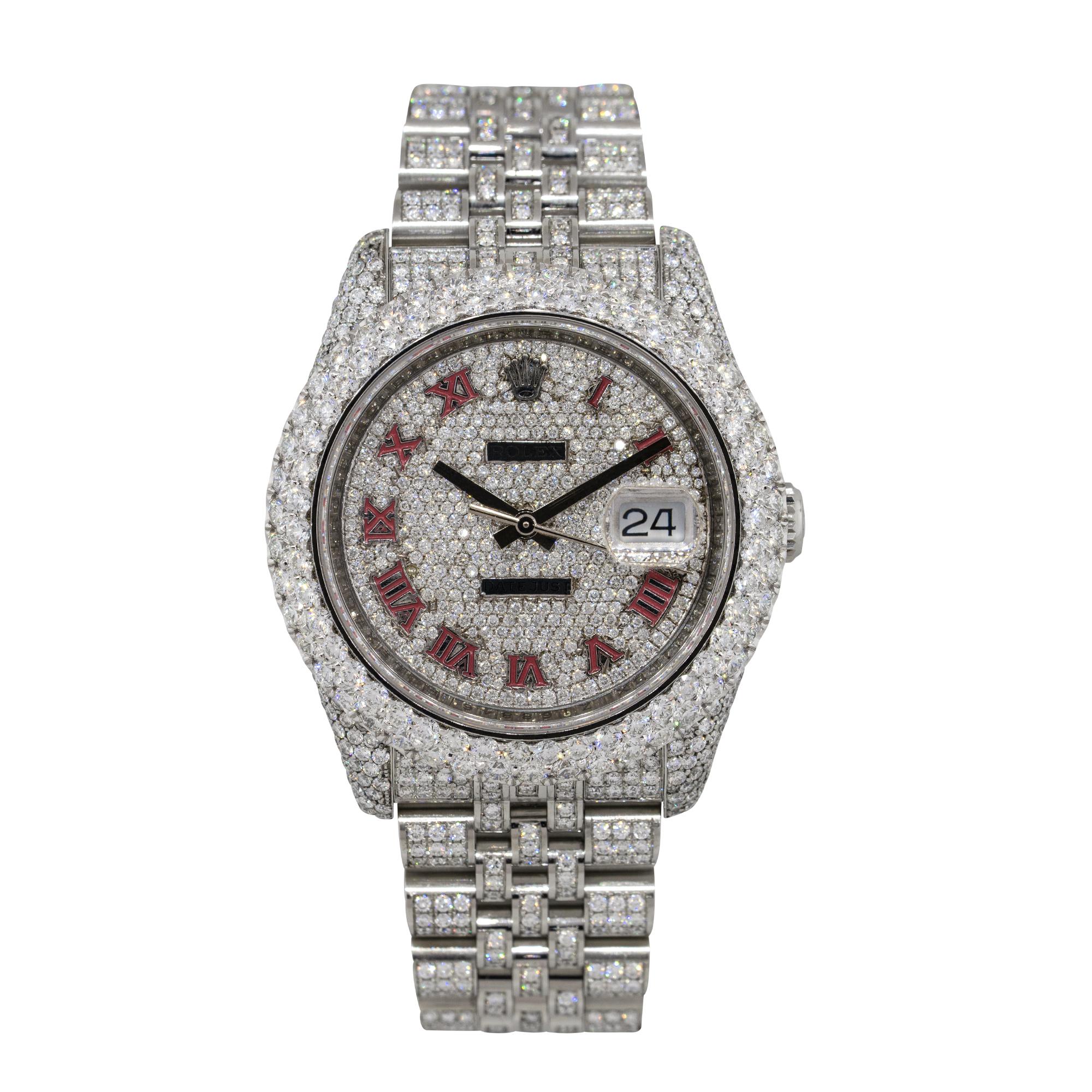 Brand: Rolex
MPN: 116234
Model: Datejust
Case Material: Stainless steel with aftermarket Diamonds
Case Diameter: 36mm
Crystal: Sapphire Crystal
Bezel: Stainless steel bezel with double row of aftermarket Diamonds
Dial: Aftermarket Diamond pave dial