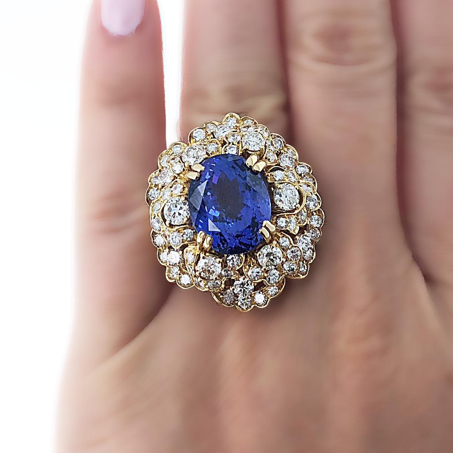 Oval Cut 12.99 Carat Tanzanite and Diamond Cocktail Ring For Sale