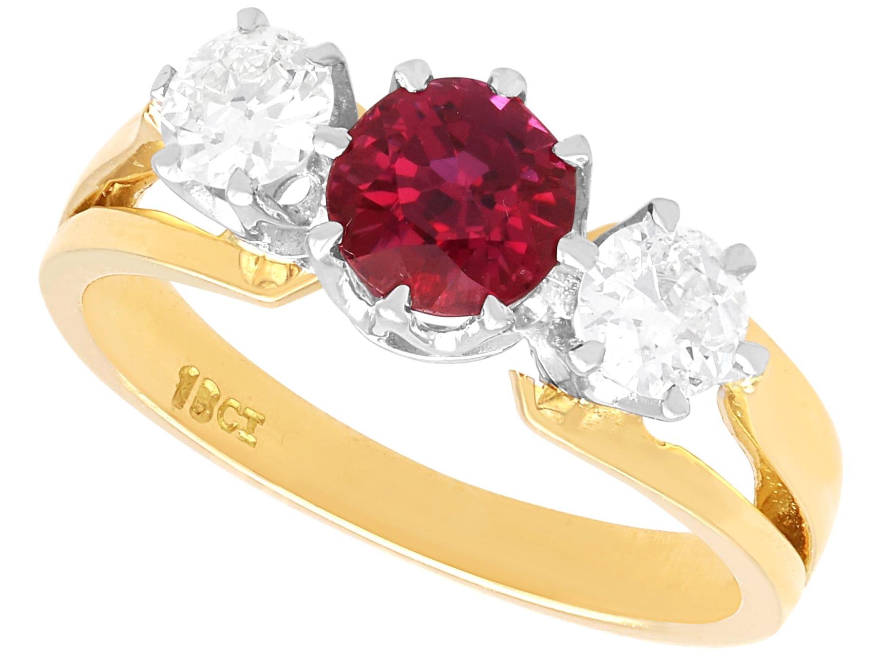 1.29c Carat Ruby and 0.60 Carat Diamond 18k Yellow Gold Trilogy Ring