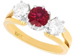 Vintage 1.29c Carat Ruby and 0.60 Carat Diamond 18k Yellow Gold Trilogy Ring
