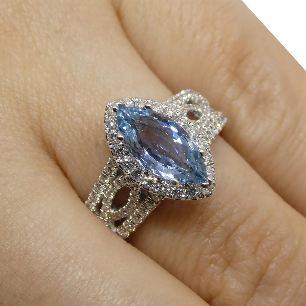 Contemporary 1.29ct Aquamarine, Diamond Engagement/Statement Ring in 18K White Gold For Sale