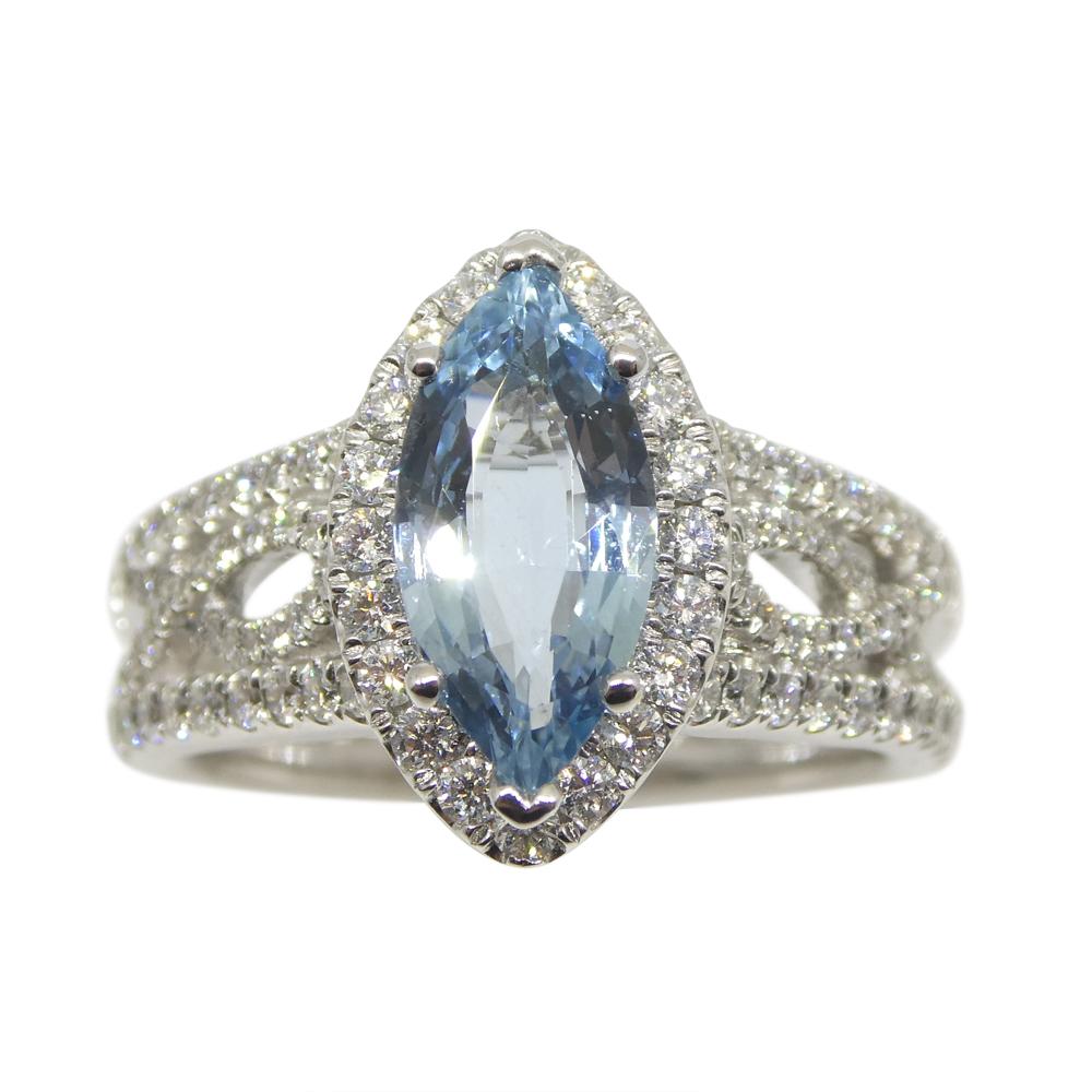 Marquise Cut 1.29ct Aquamarine, Diamond Engagement/Statement Ring in 18K White Gold For Sale