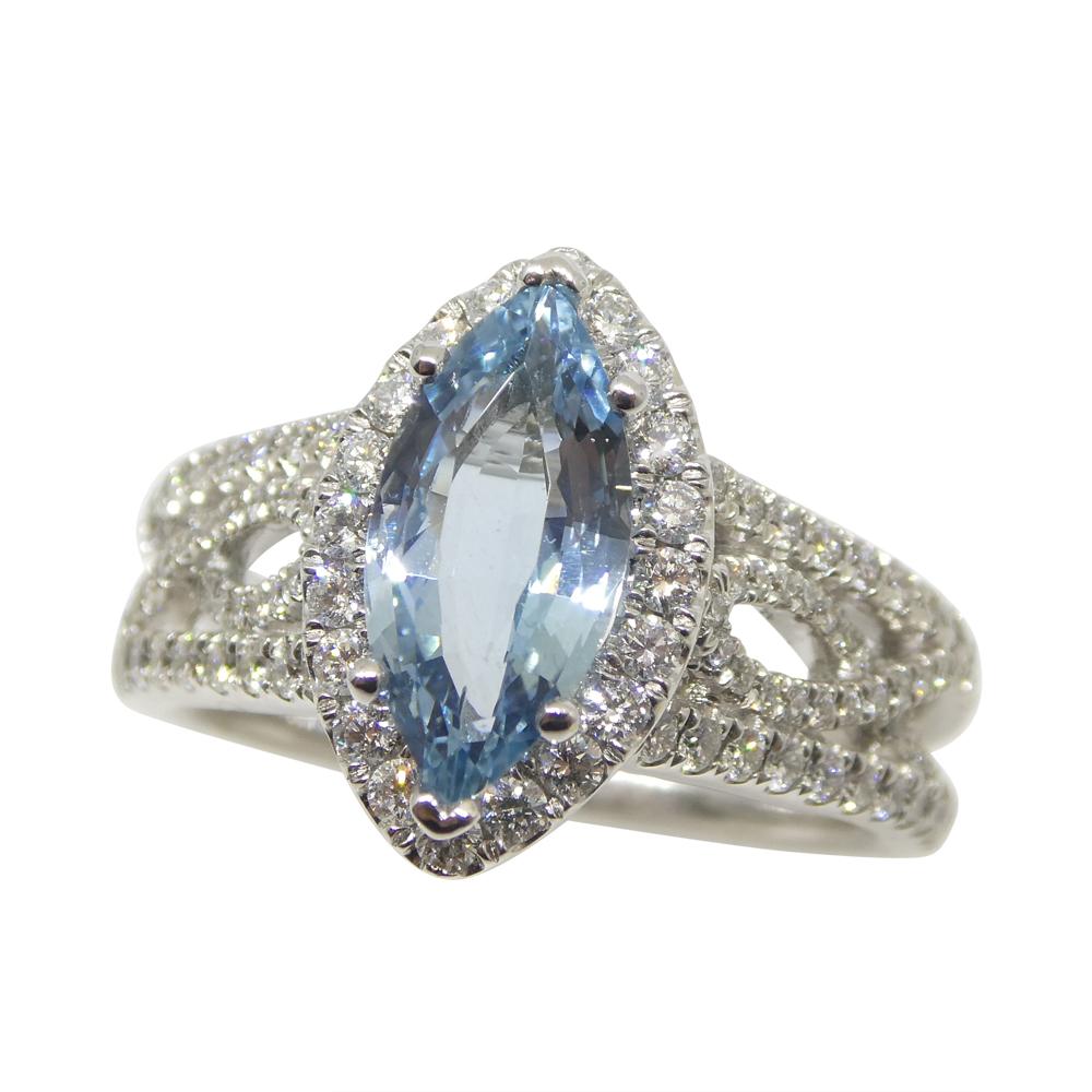 Women's or Men's 1.29ct Aquamarine, Diamond Engagement/Statement Ring in 18K White Gold For Sale