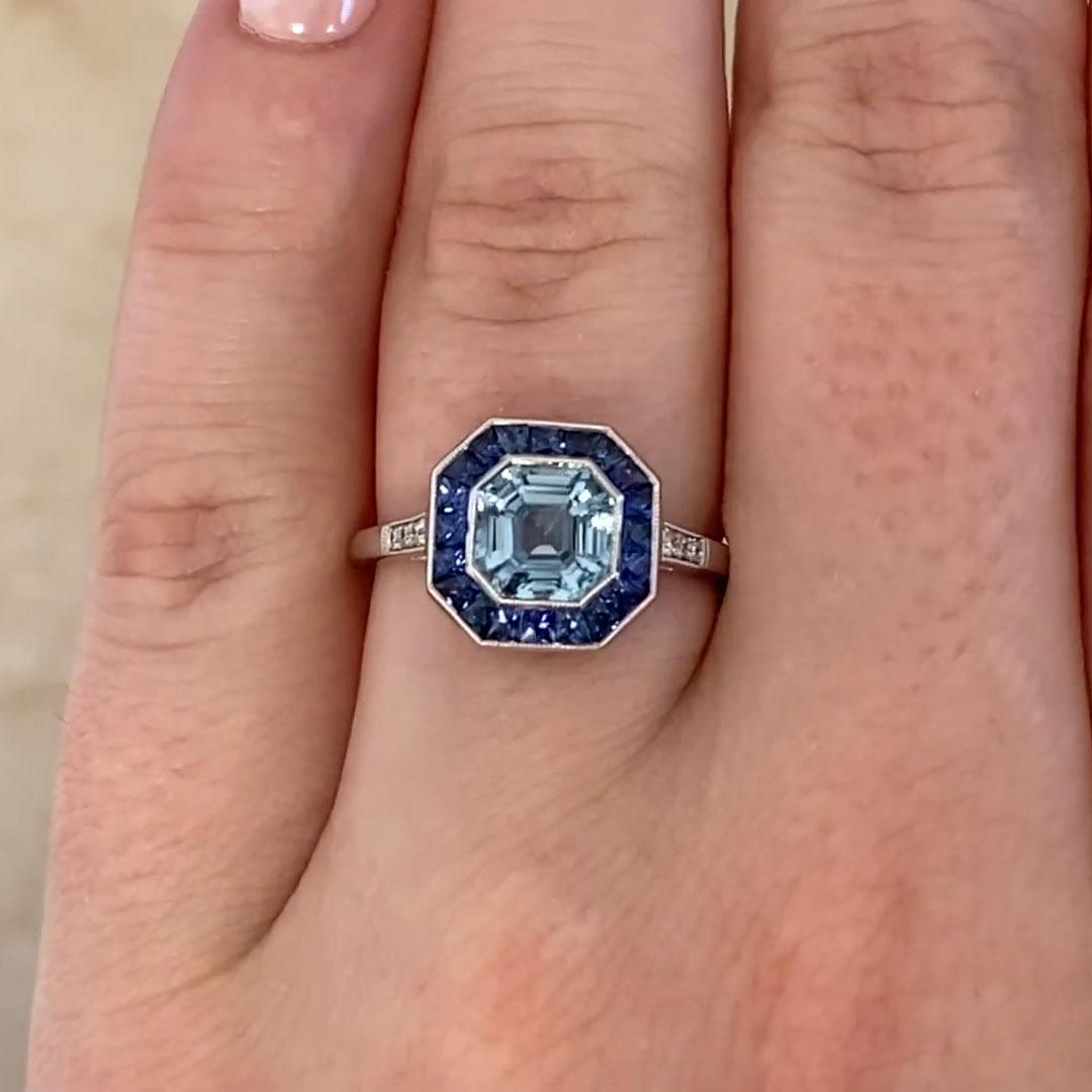 Art Deco Asscher Cut Aquamarine with Sapphire Cluster Ring (Approx. 1.20-Carats, Platinum
