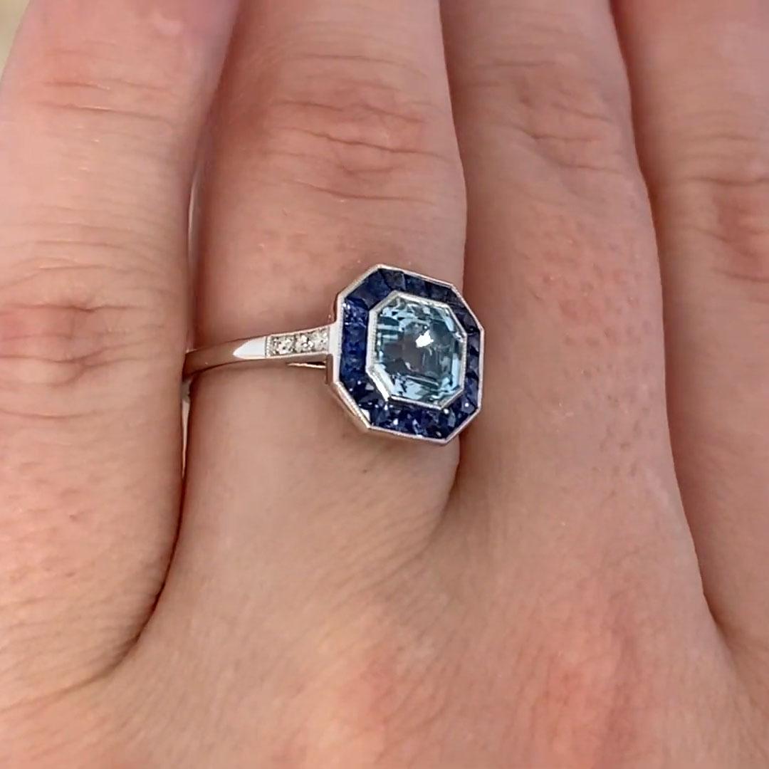 Asscher Cut Aquamarine with Sapphire Cluster Ring (Approx. 1.20-Carats, Platinum In Excellent Condition In New York, NY