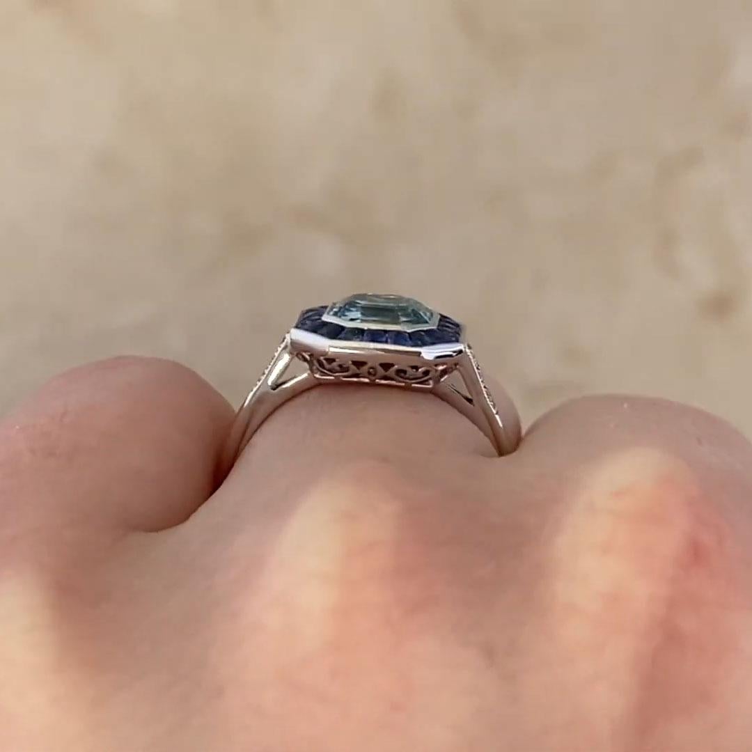 Women's Asscher Cut Aquamarine with Sapphire Cluster Ring (Approx. 1.20-Carats, Platinum