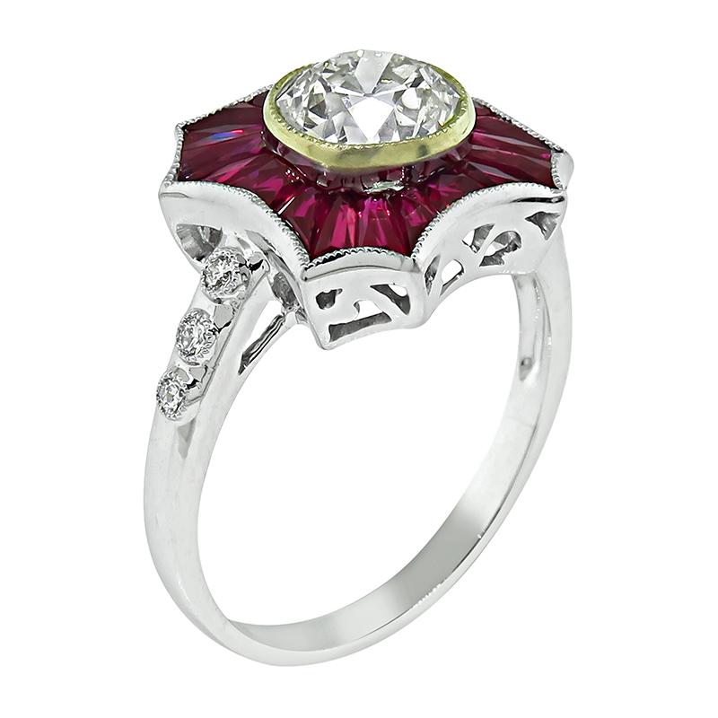 Old Mine Cut 1.29ct Diamond 1.00ct Ruby Engagement Ring For Sale