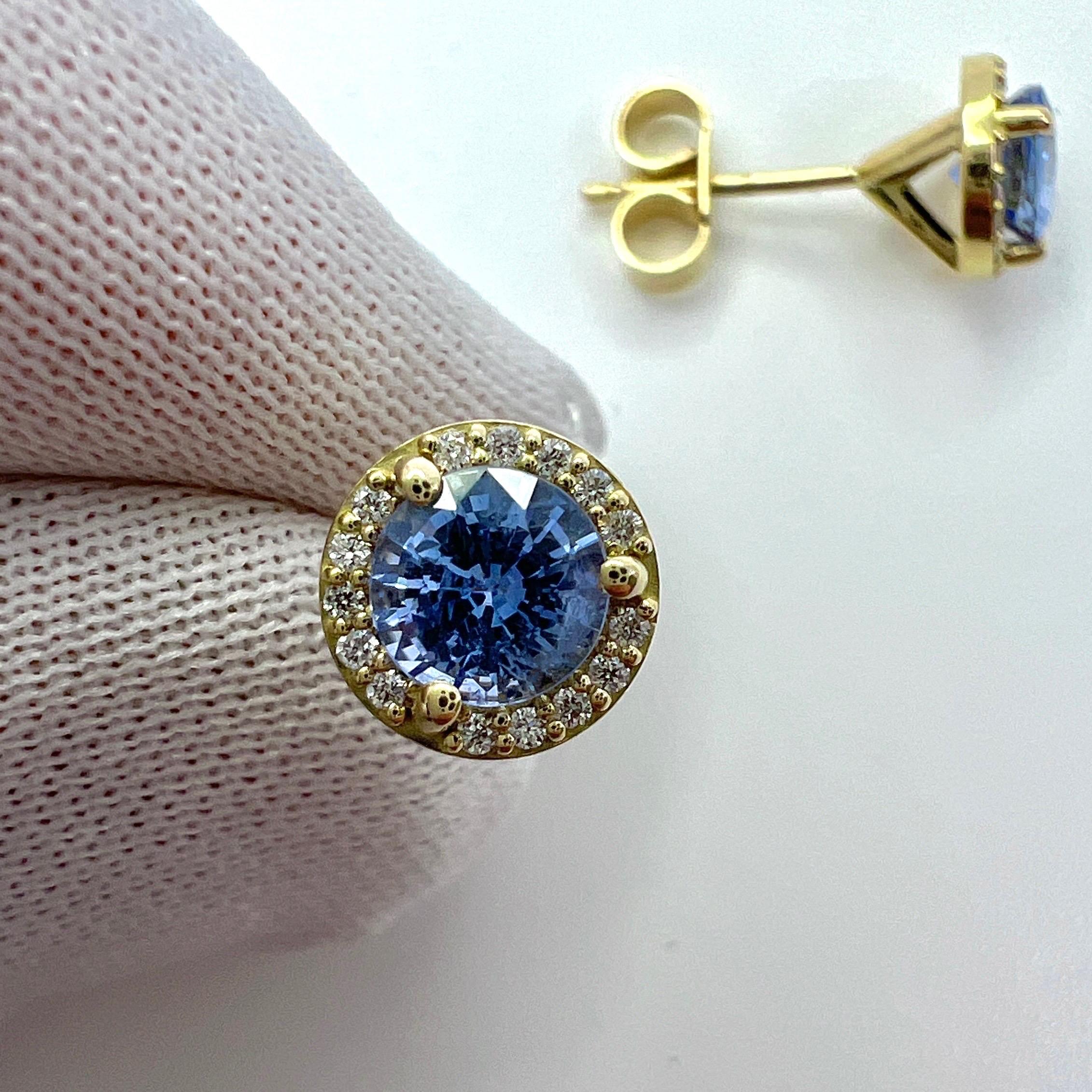 1.29 TCW. Top Grade Ceylon Light Blue Sapphire & Diamond 18k Yellow Gold Earring Halo Studs.

Light vivid blue 1.13ct 5mm Ceylon sapphires with a bright vibrant colour, excellent clarity and an excellent round brilliant cut. 

Fine quality and good
