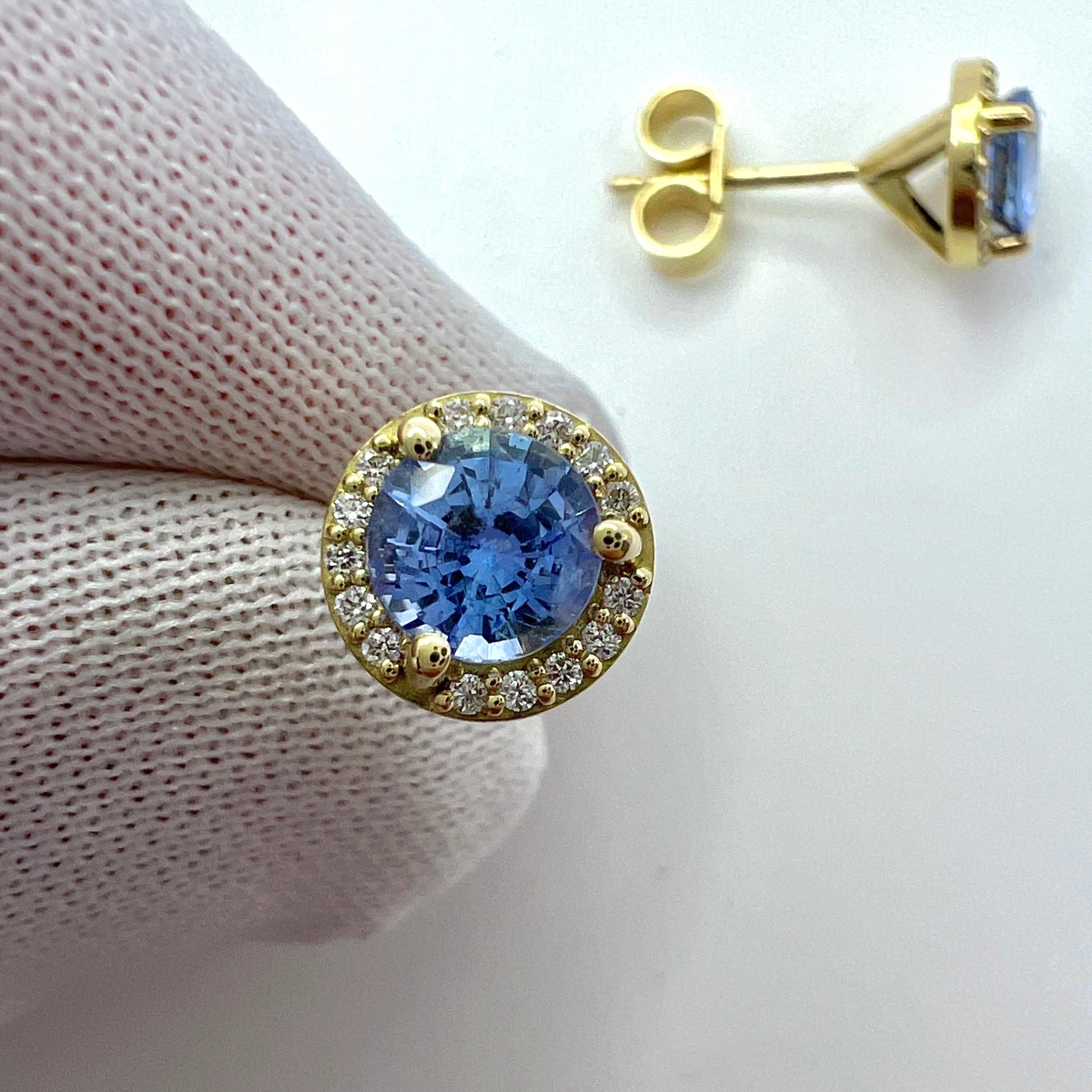 Round Cut 1.29ct Light Blue Ceylon Sapphire Diamond 18k Yellow Gold Halo Stud Earrings