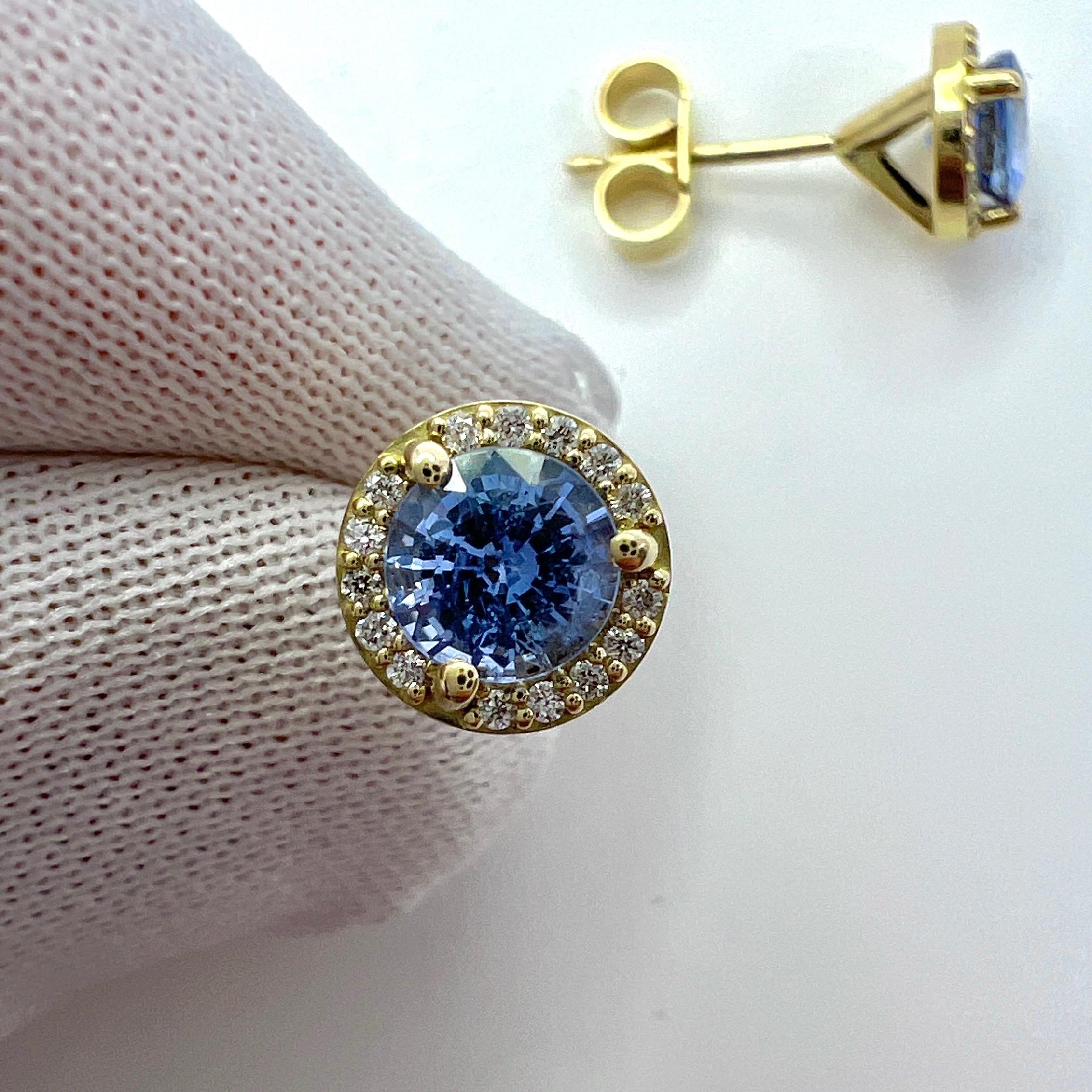 Women's or Men's 1.29ct Light Blue Ceylon Sapphire Diamond 18k Yellow Gold Halo Stud Earrings