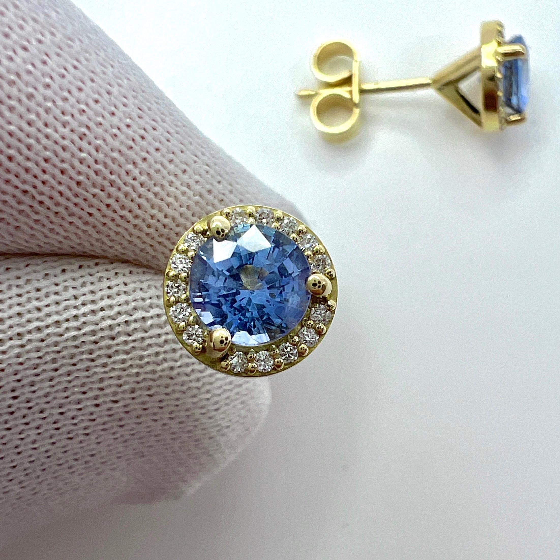 1.29ct Light Blue Ceylon Sapphire Diamond 18k Yellow Gold Halo Stud Earrings 1