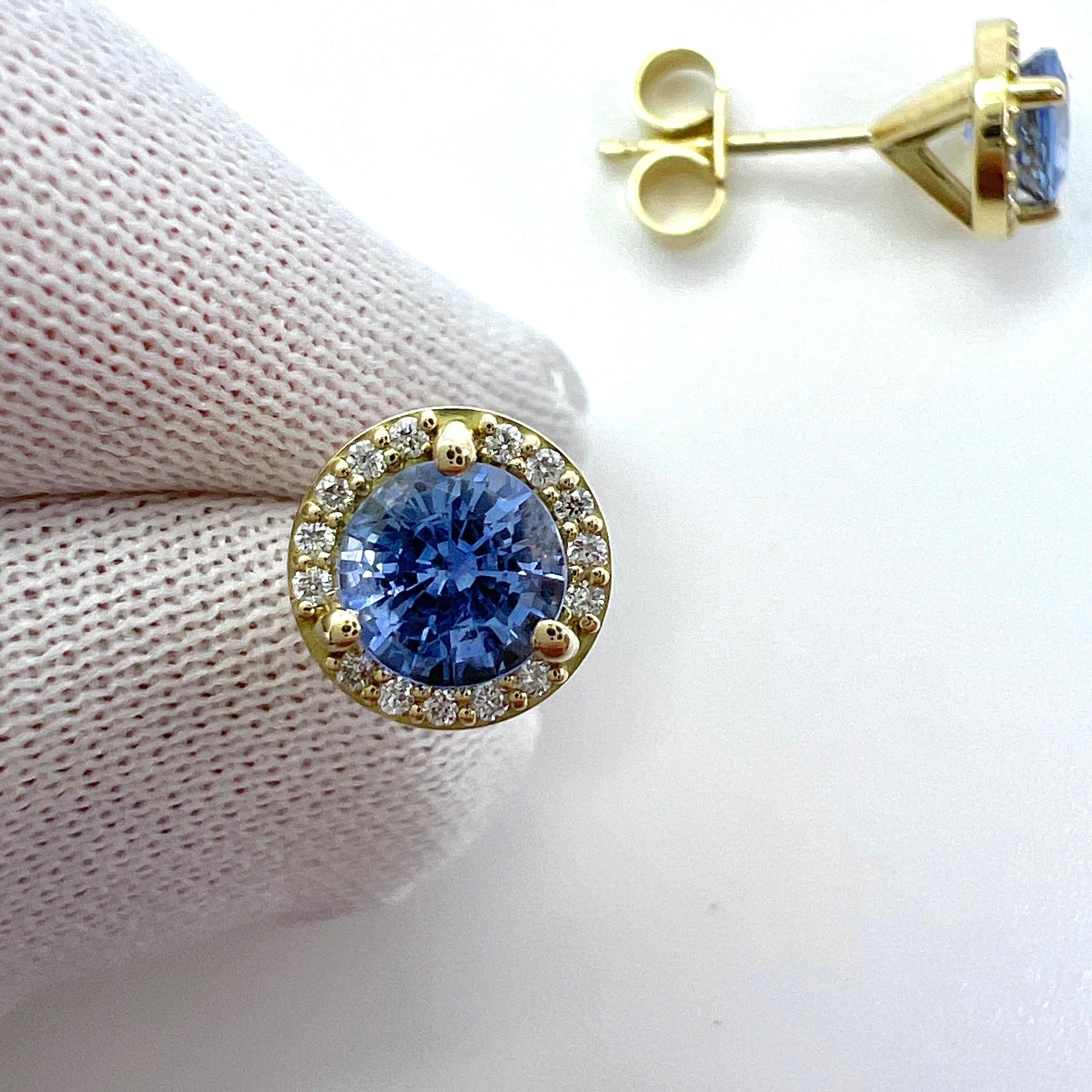 1.29ct Light Blue Ceylon Sapphire Diamond 18k Yellow Gold Halo Stud Earrings 2