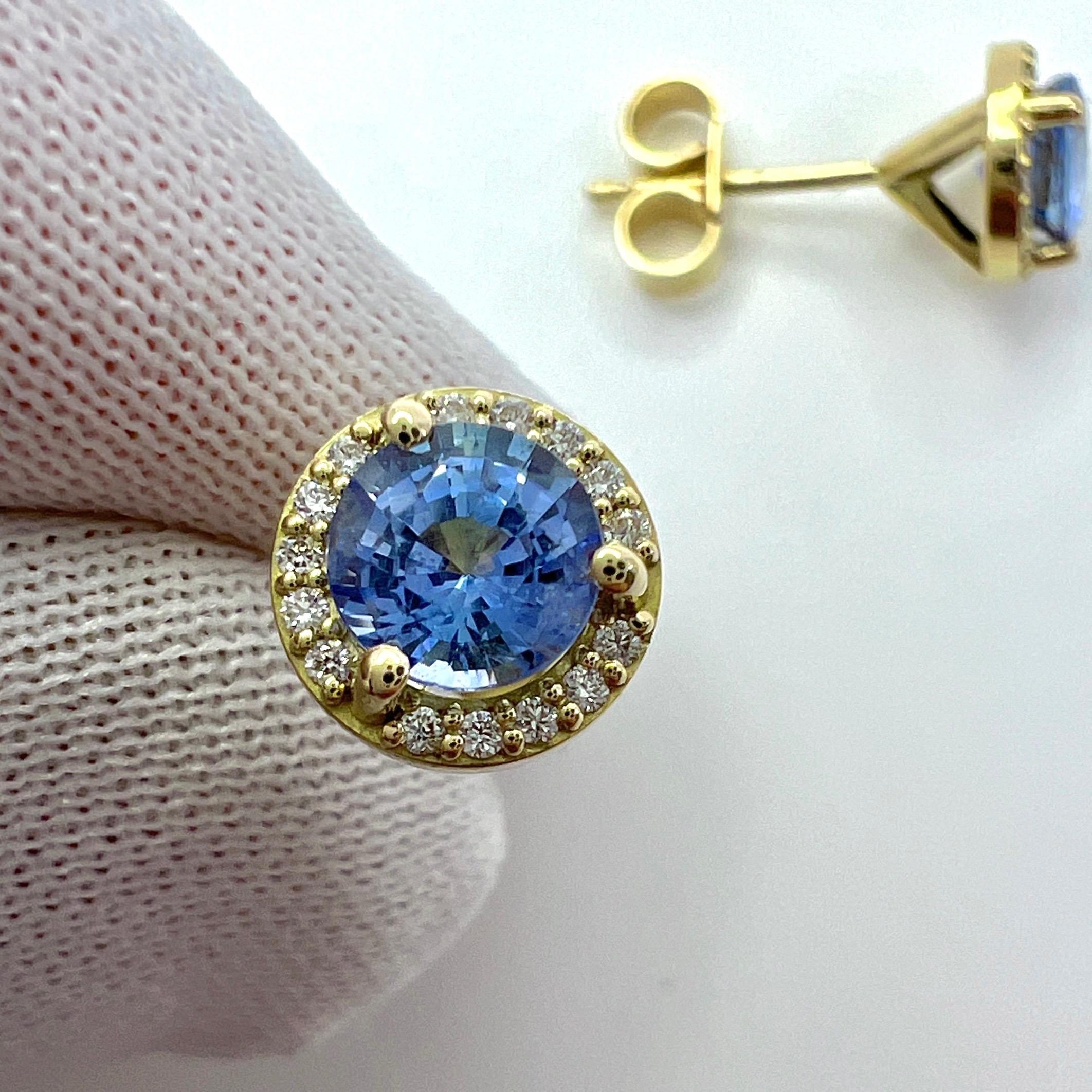 1.29ct Light Blue Ceylon Sapphire Diamond 18k Yellow Gold Halo Stud Earrings 3