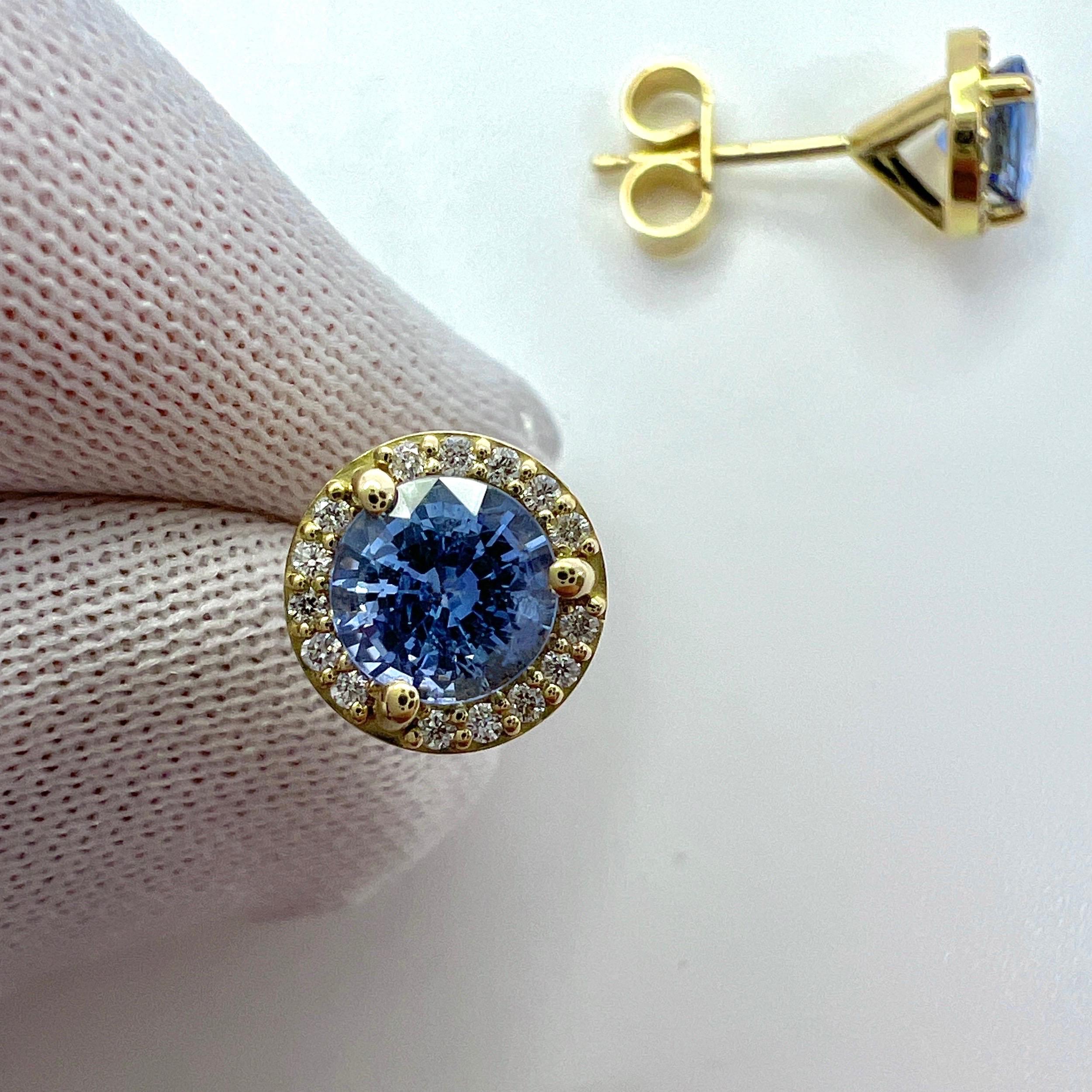 1.29ct Light Blue Ceylon Sapphire Diamond 18k Yellow Gold Halo Stud Earrings 4