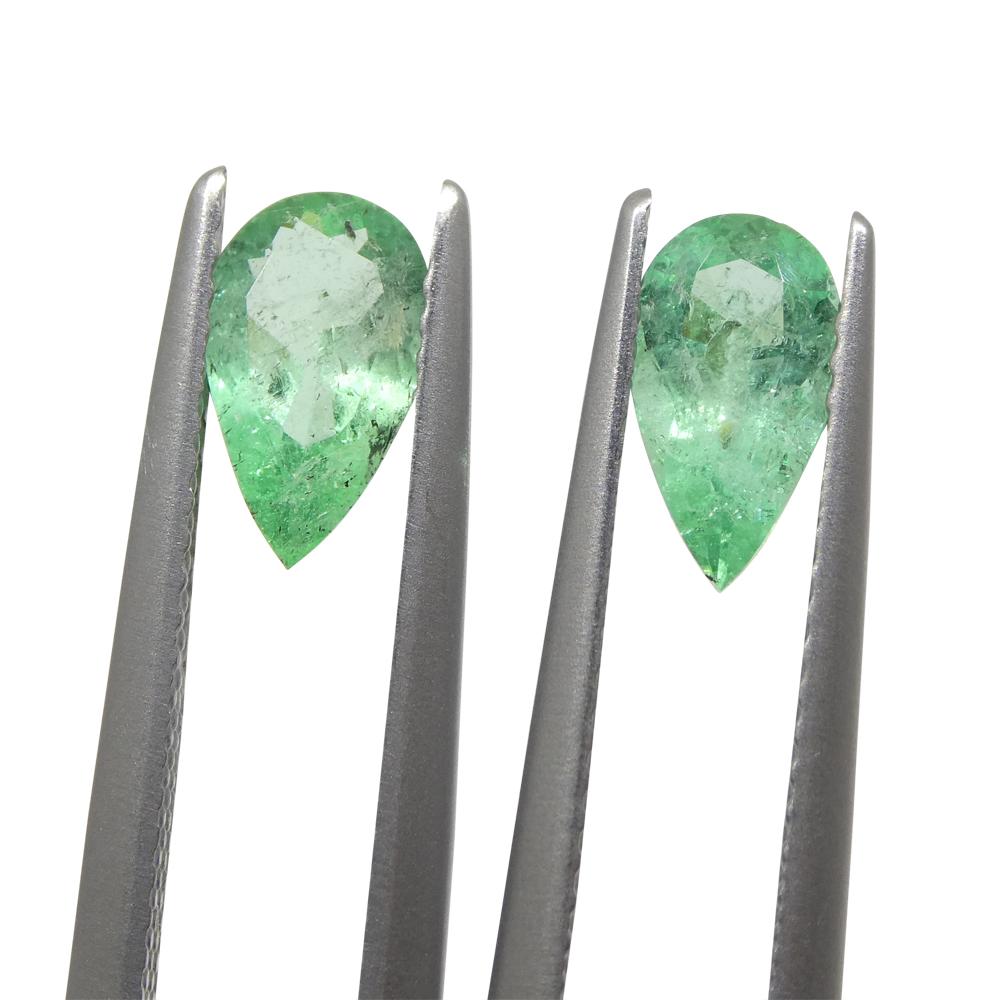 1.29ct Pair Pear Green Emerald from Colombia For Sale 2