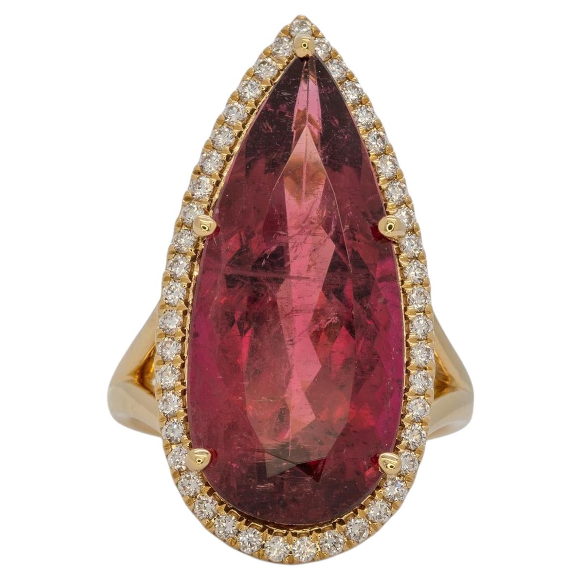 12.9Ct Rubellite Tourmaline Ring with Earth Mined Diamonds Halo: Solid 14K Gold For Sale