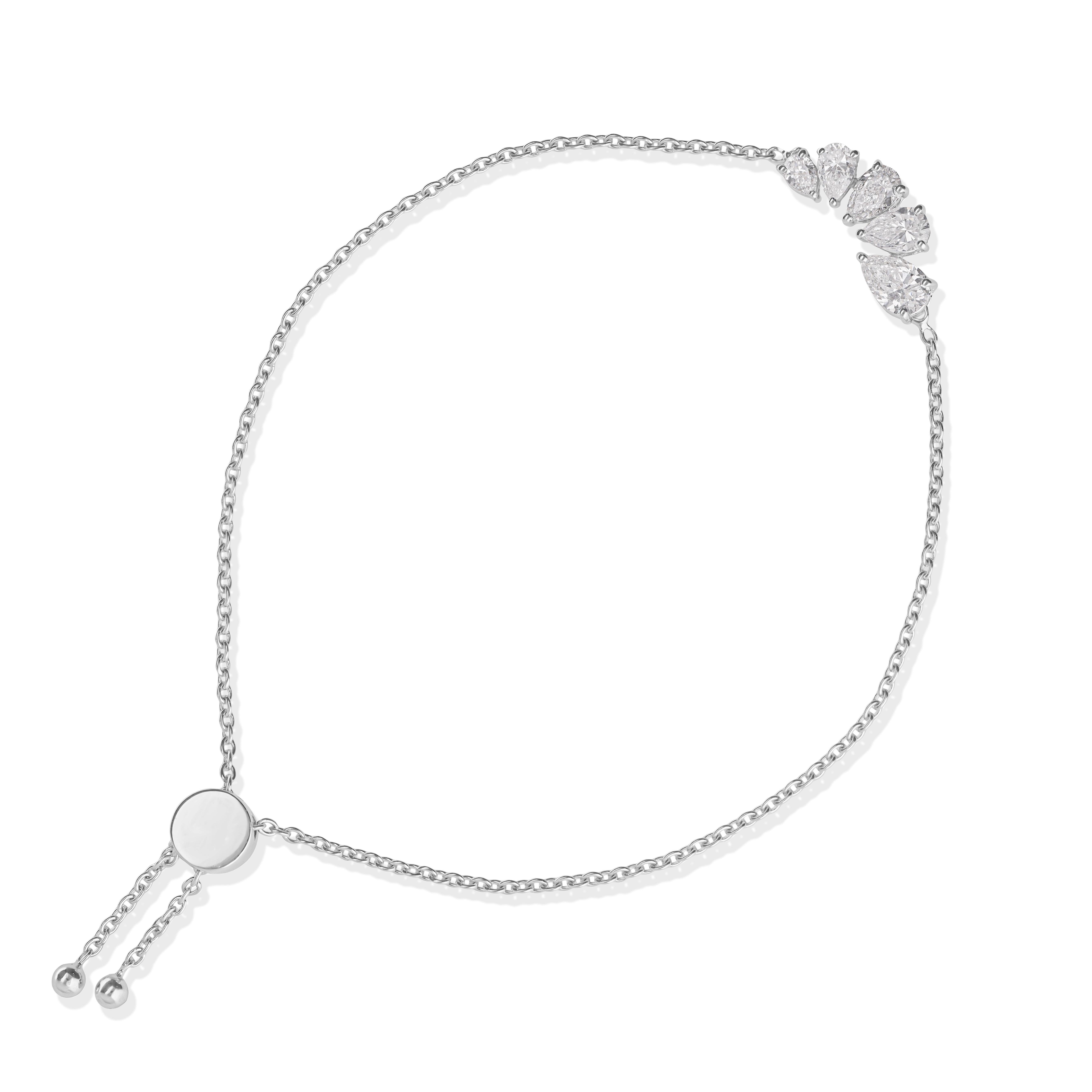 Pear Cut 1.29Ct SI/H Diamond Cluster Adjustable Bolo Chain Bracelet 14k White Gold For Sale