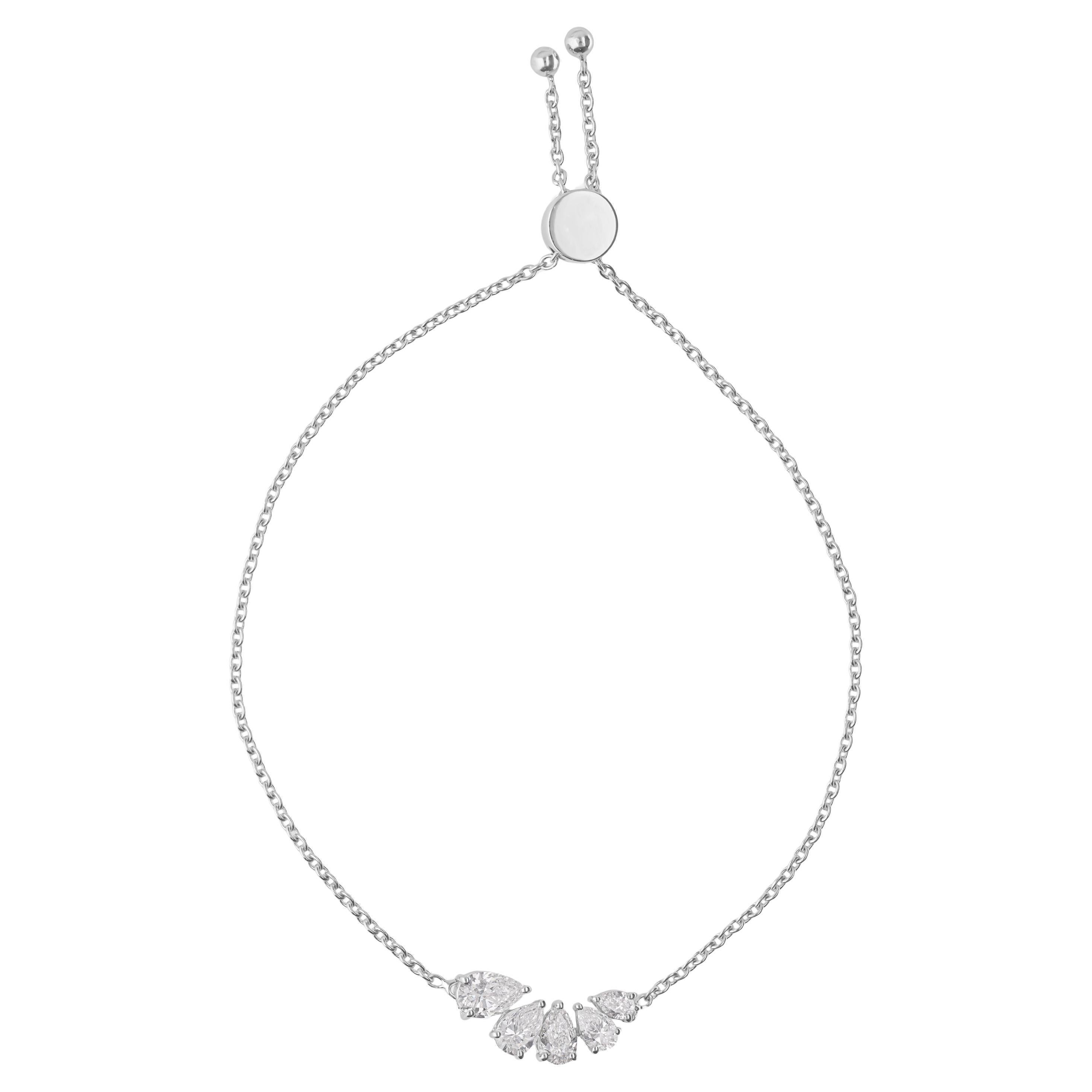 1.29Ct SI/H Diamond Cluster Adjustable Bolo Chain Bracelet 14k White Gold For Sale