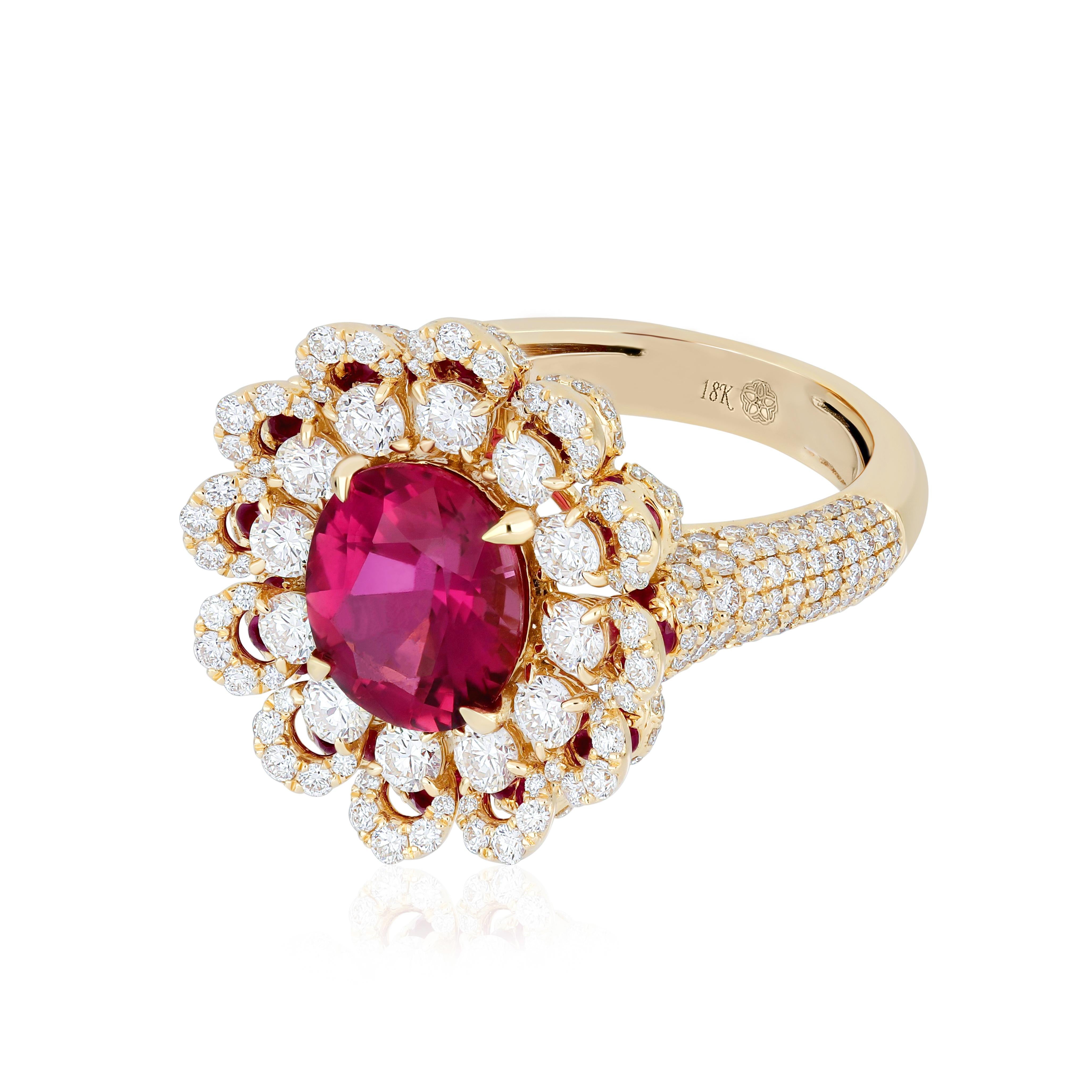 1.29CT's Rubellite, Ruby Diamond Ring in 18 karat Yellow Gold Hand-crafted Ring For Sale 4