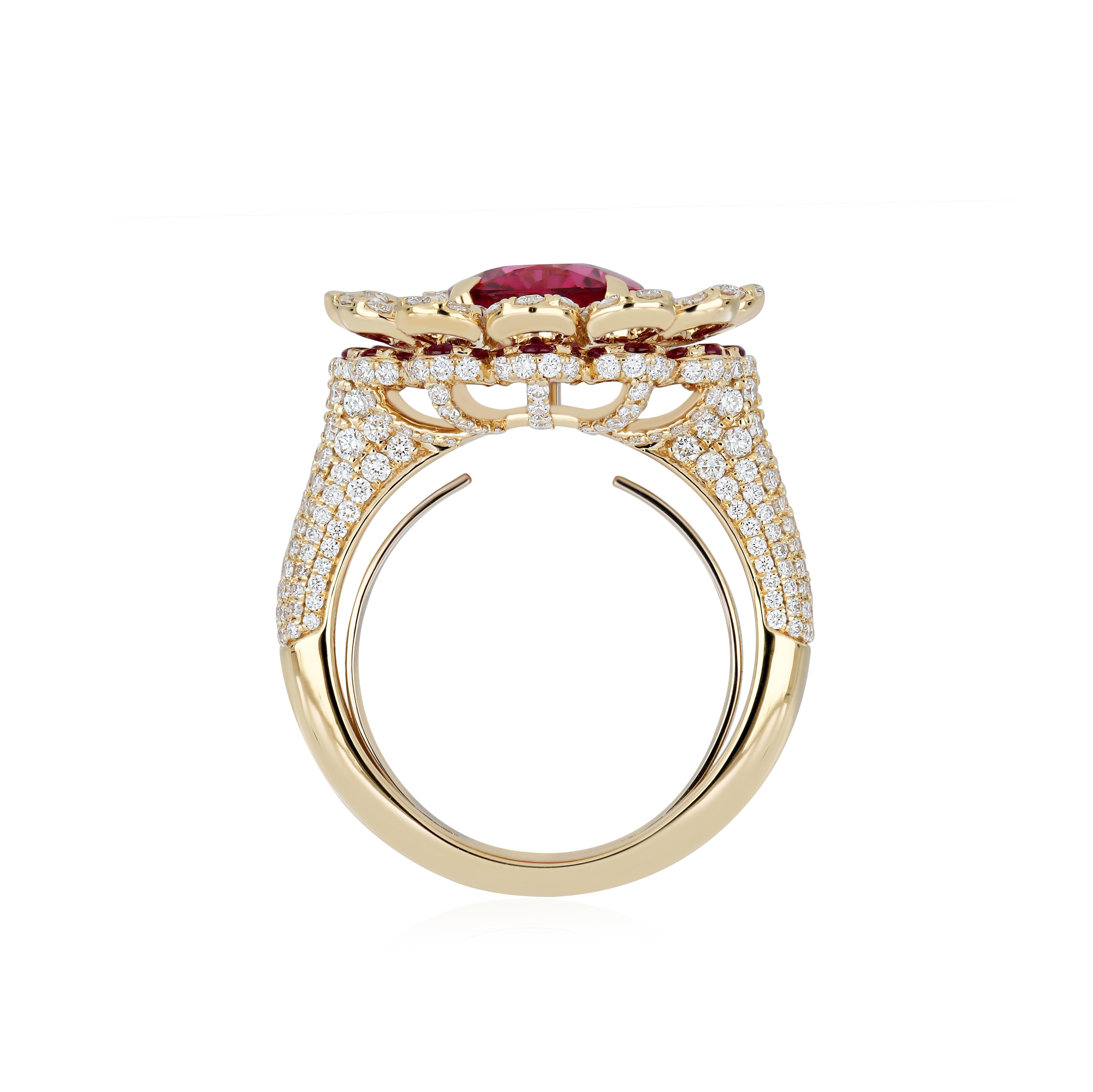 1.29CT's Rubellite, Ruby Diamond Ring in 18 karat Yellow Gold Hand-crafted Ring For Sale 5