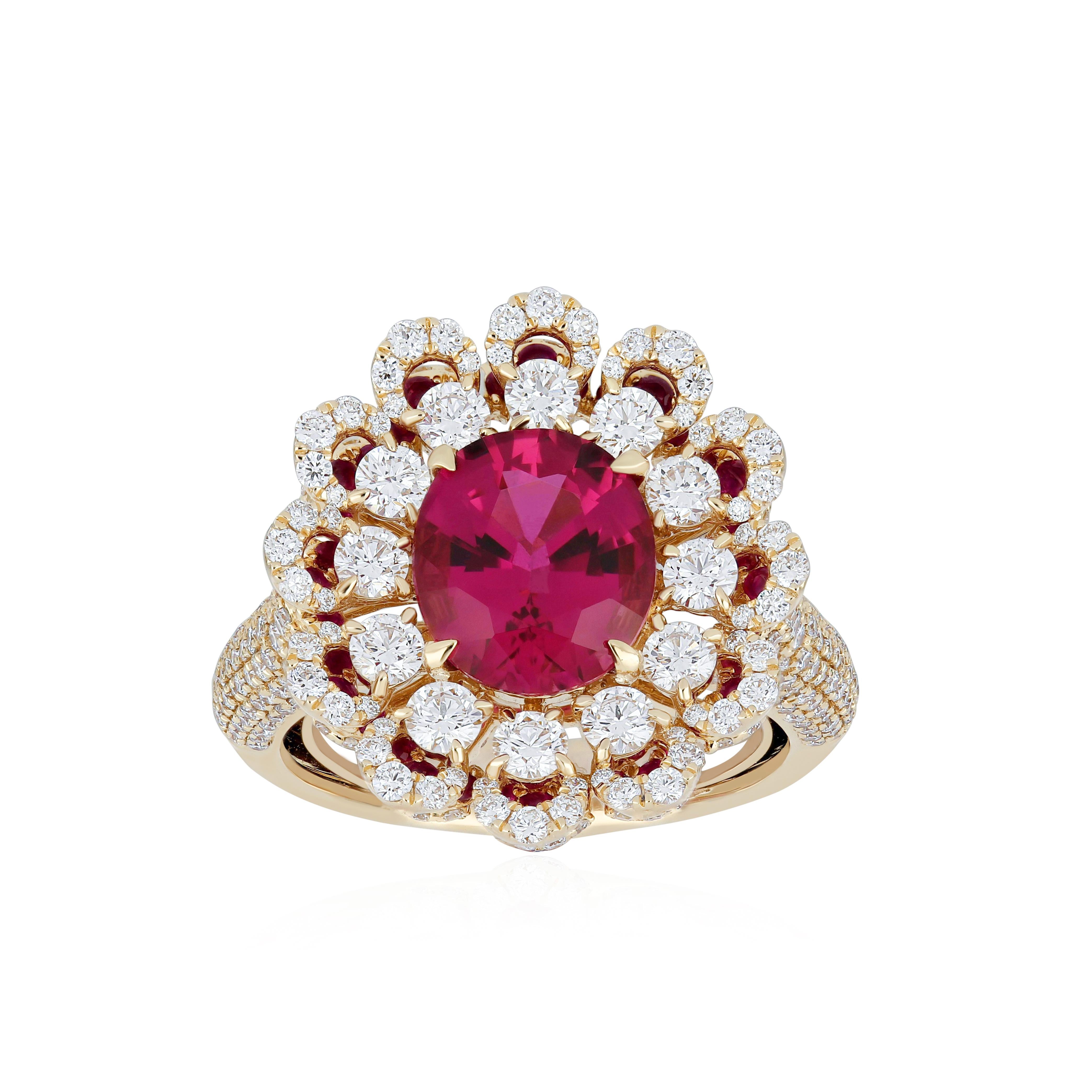 Modern 1.29CT's Rubellite, Ruby Diamond Ring in 18 karat Yellow Gold Hand-crafted Ring For Sale