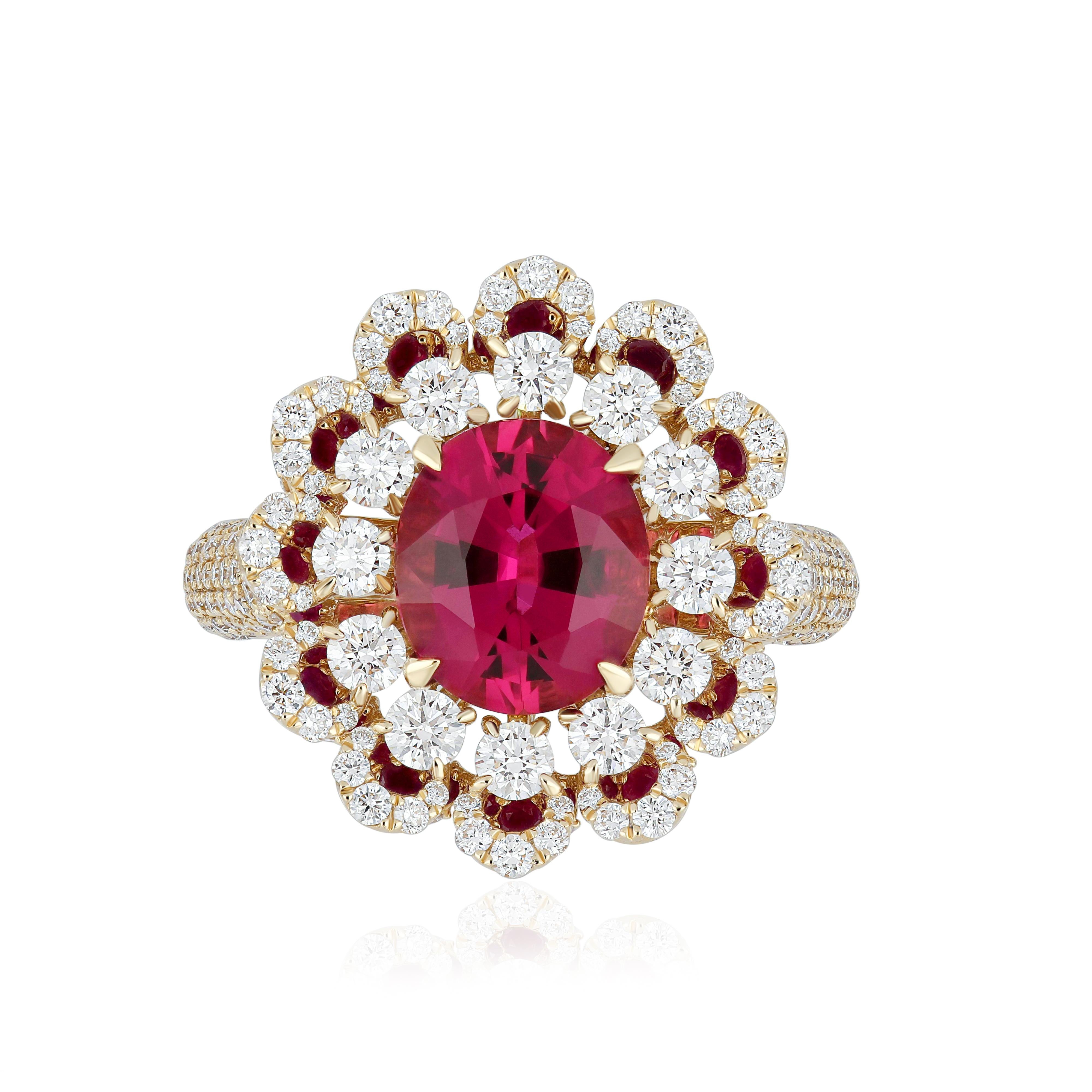 Delve into the epitome of opulence with our exquisitely crafted 18 karat Yellow Gold Ring. Adorned with a resplendent 1.29CT's carat (approx.) Oval Shape Rubellite as its centrepiece, this masterpiece is embraced by a mesmerising ensemble of