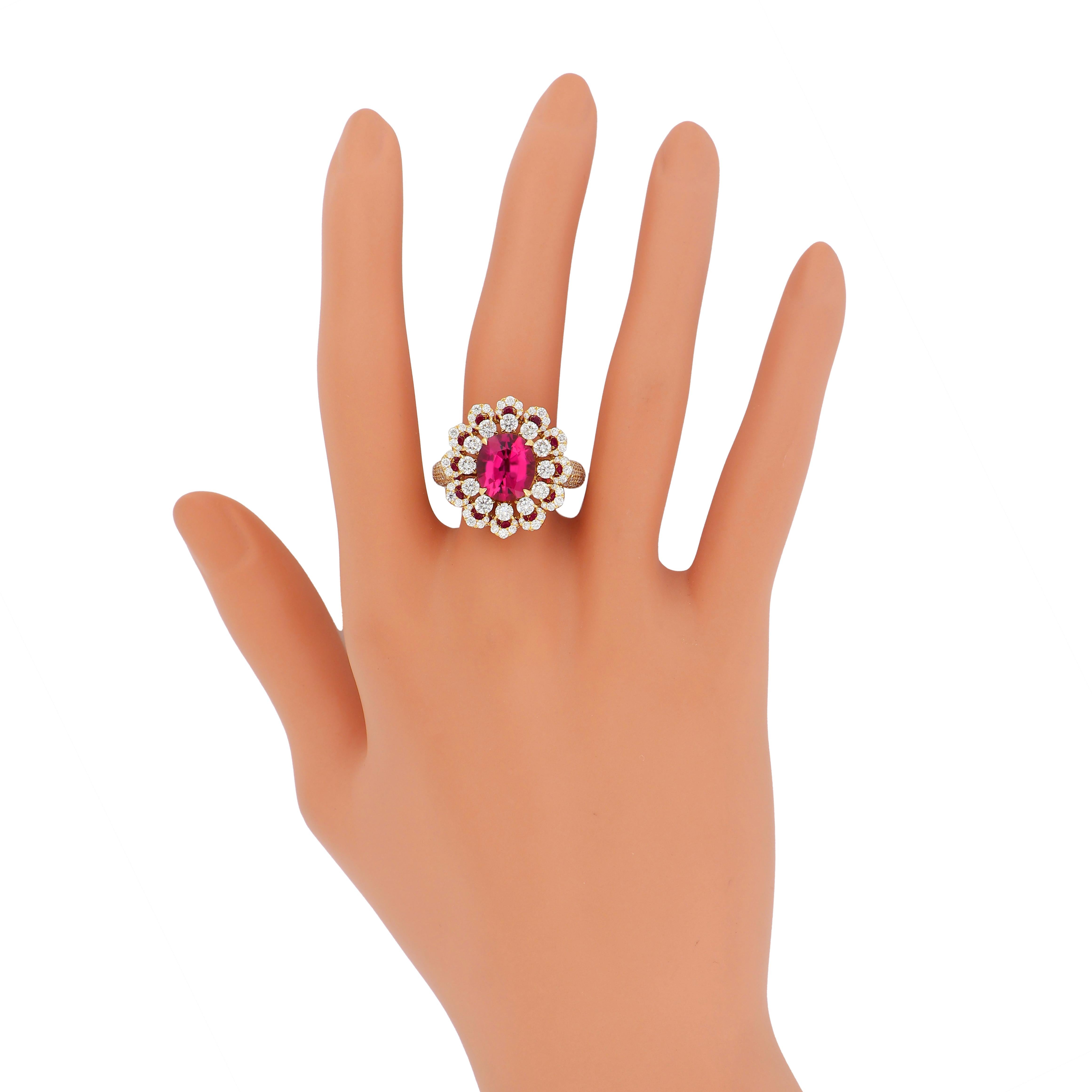 1.29CT's Rubellite, Ruby Diamond Ring in 18 karat Yellow Gold Hand-crafted Ring For Sale 1