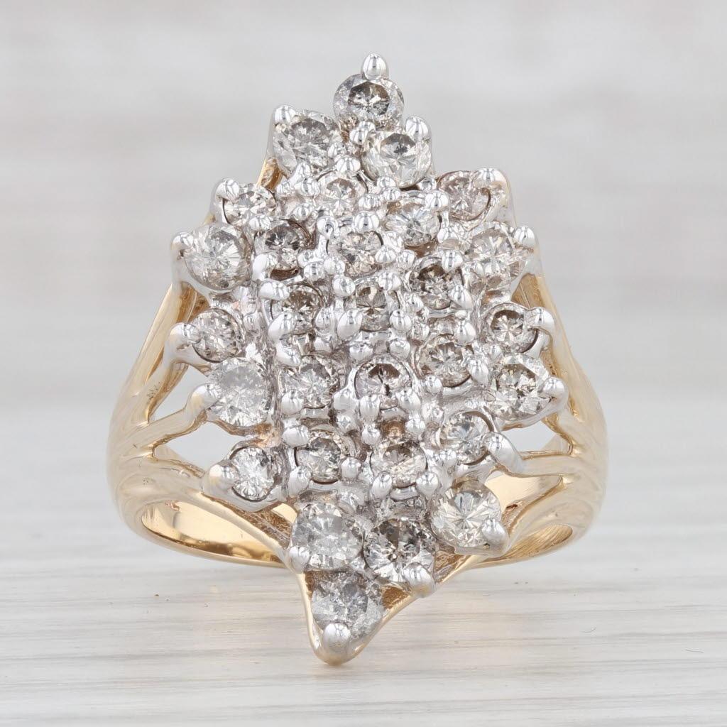 Gemstone Information:
- Natural Diamonds -
Total Carats - 1.29ctw
Cut - Round Brilliant
Color - K - M
Clarity - SI2 - I1
Please note there are surface reaching inclusions.

Metal: 14k Yellow Gold, White Gold Settings
Weight: 8.8 Grams 
Stamps:
