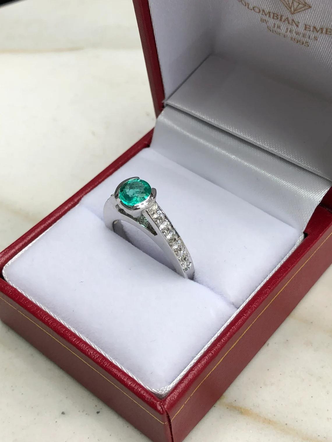 1.29tcw 14K Colombian Emerald-Round Cut & Diamond Engagement Ring For Sale 1
