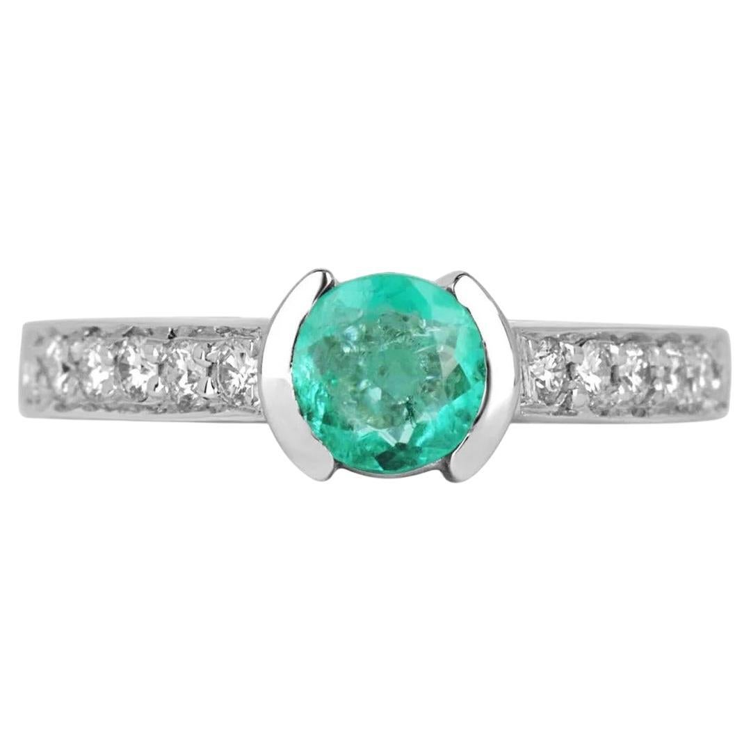 1.29tcw 14K Colombian Emerald-Round Cut & Diamond Engagement Ring For Sale
