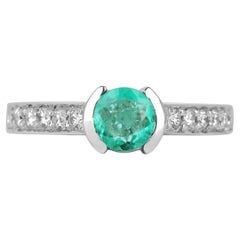 1.29tcw 14K Colombian Emerald-Round Cut & Diamond Engagement Ring (Bague de fiançailles émeraude colombienne, taille ronde et diamant)