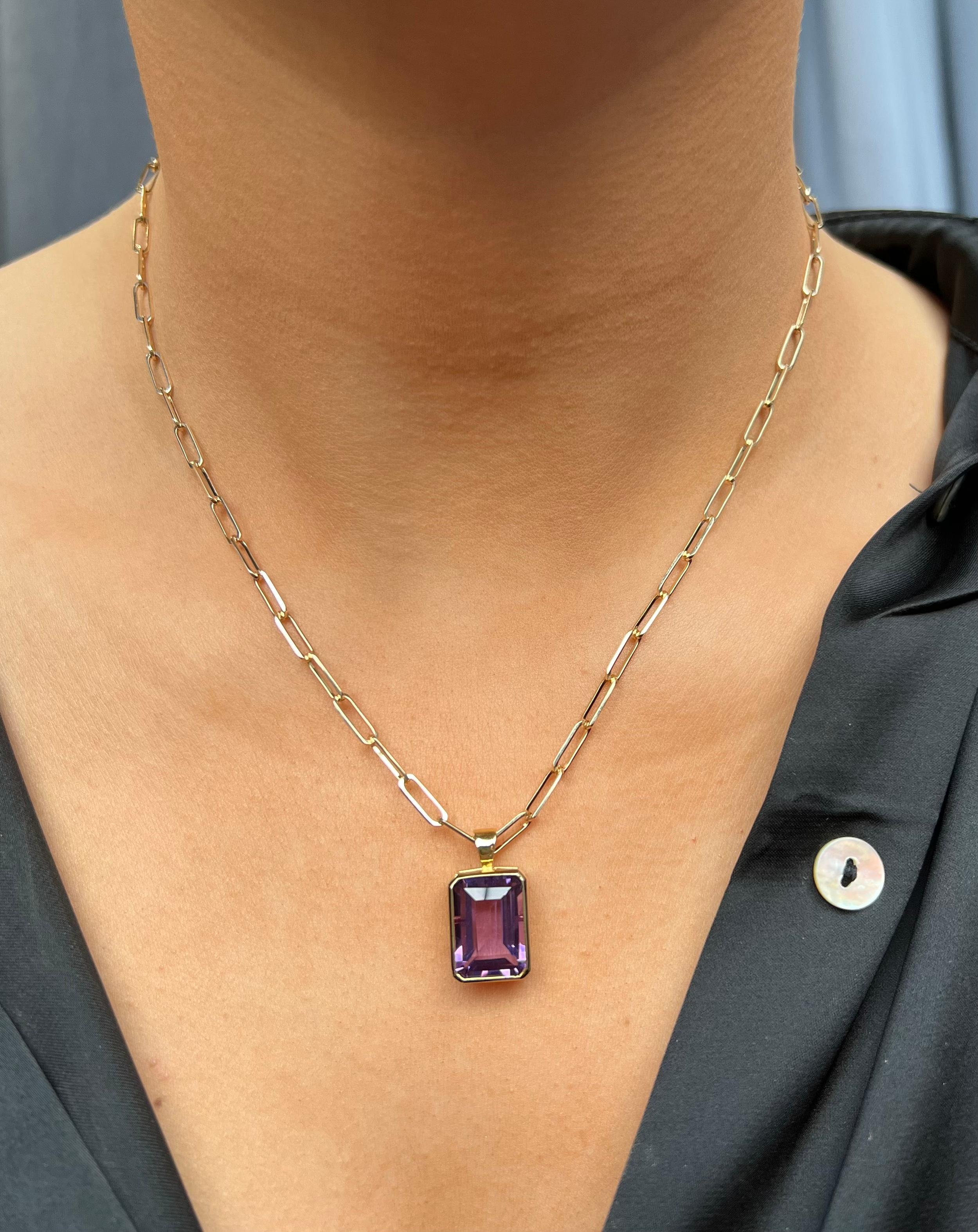 Women's 12ct Amethyst Pendant on a 14k yellow gold paperclip necklace - New Handmade