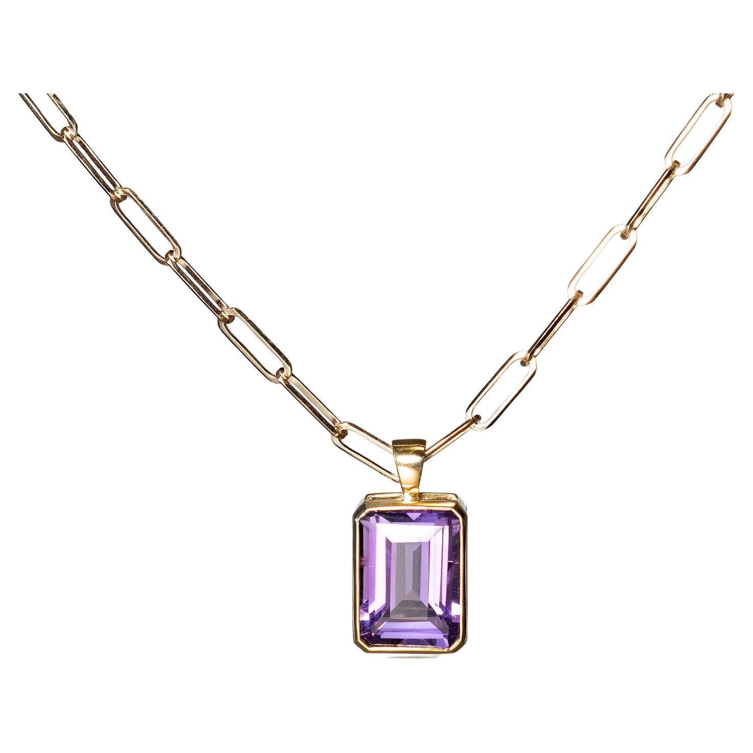 12ct Amethyst Pendant on a 14k yellow gold paperclip necklace - New Handmade