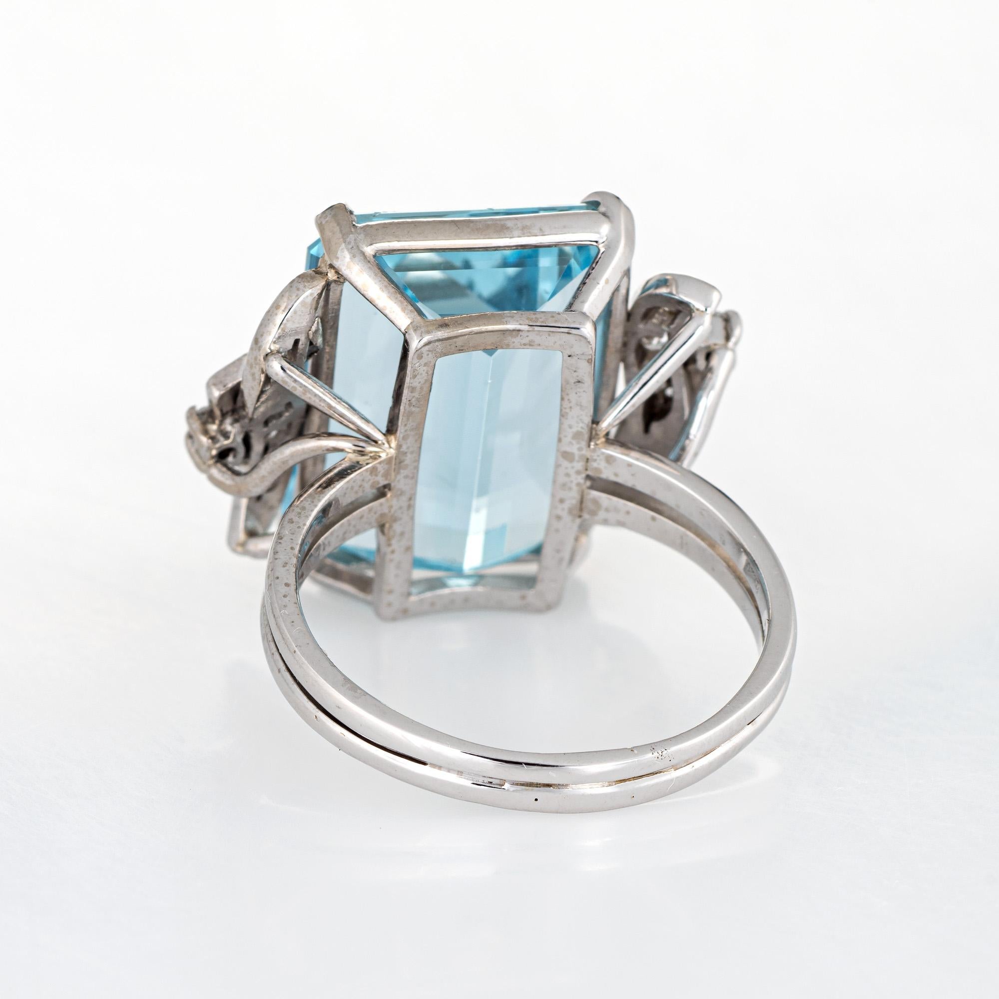 Emerald Cut 12 Carat Aquamarine Diamond Ring Vintage 18k White Gold Fine Cocktail Jewelry
