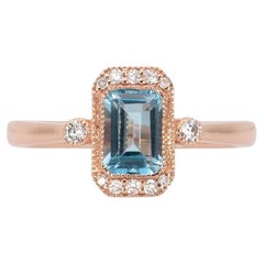 1.2Ct Aquamarine Ring with Earth Mined Diamond Accents: Solid 14K Gold, 7x5mm