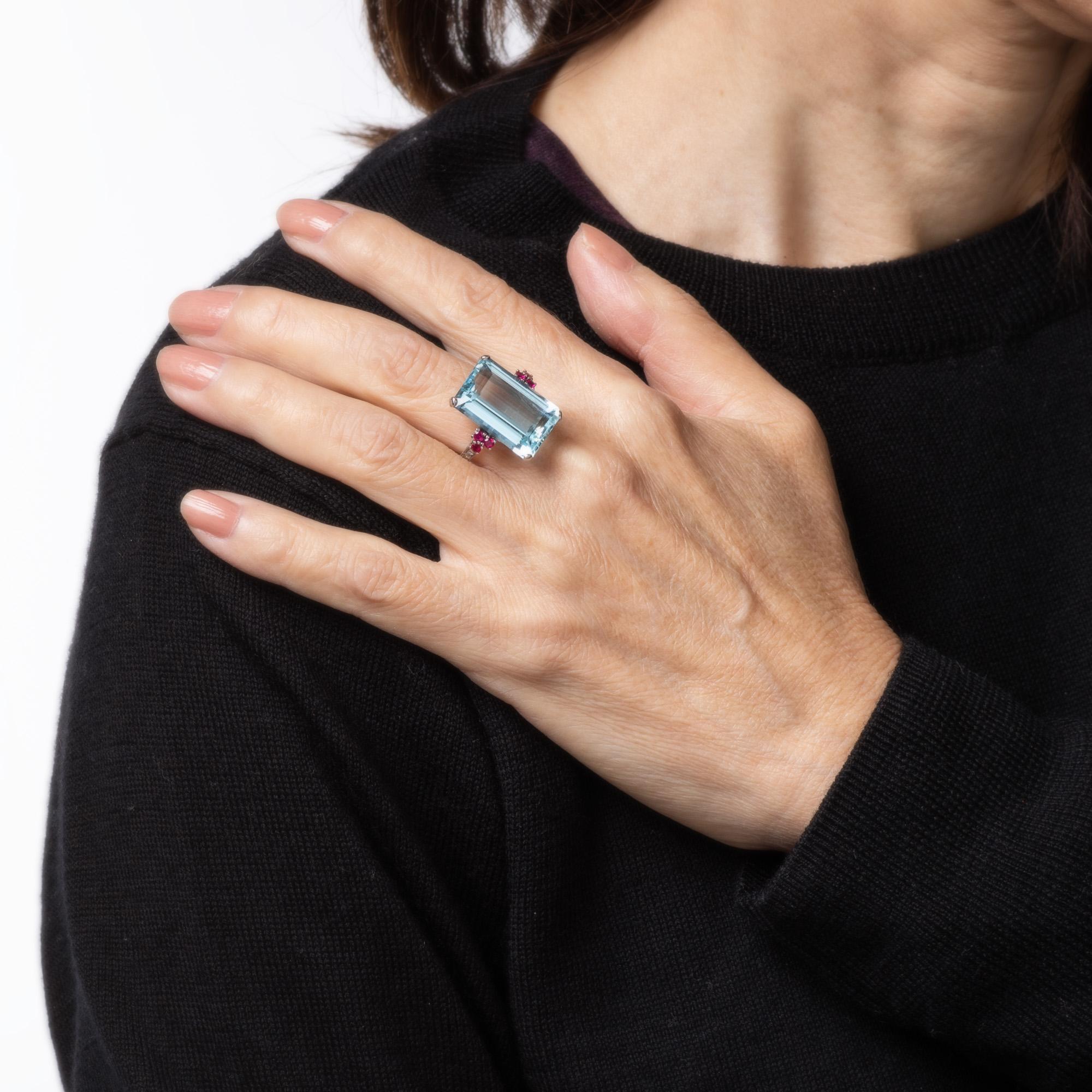 Donna Anello 12ct Acquamarina Rubino Platino Sz 7.25 Cocktail Taglio Smeraldo Alta Gioielleria in vendita