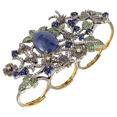 12ct Blue Sapphire Armor Ring With Tsavorite & Diamonds Made In 18k Gold