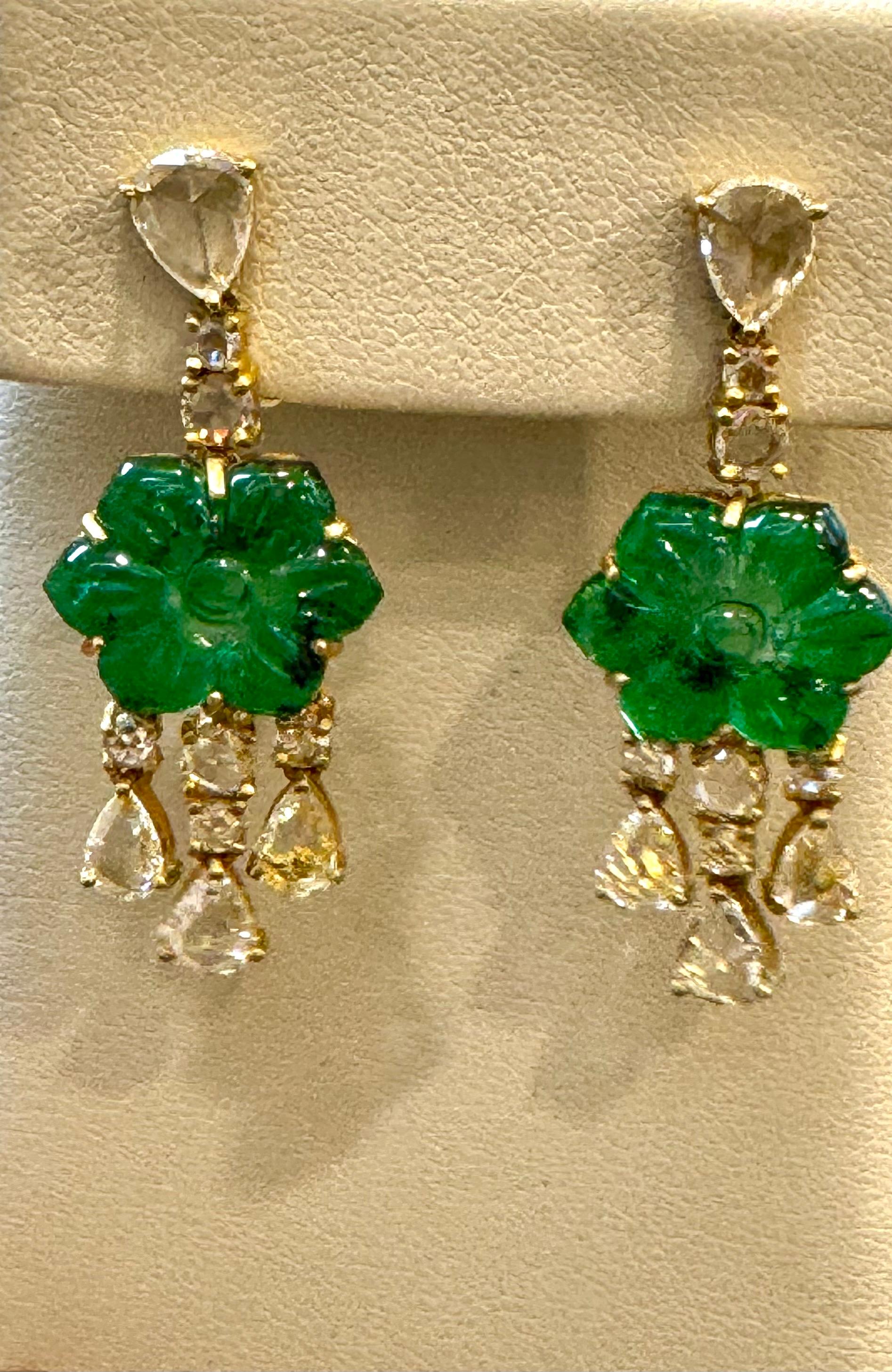 12Ct Carved Emerald & 5 Ct Rose Diamond Dangling Post Earrings 22 Kt Yellow Gold For Sale 5