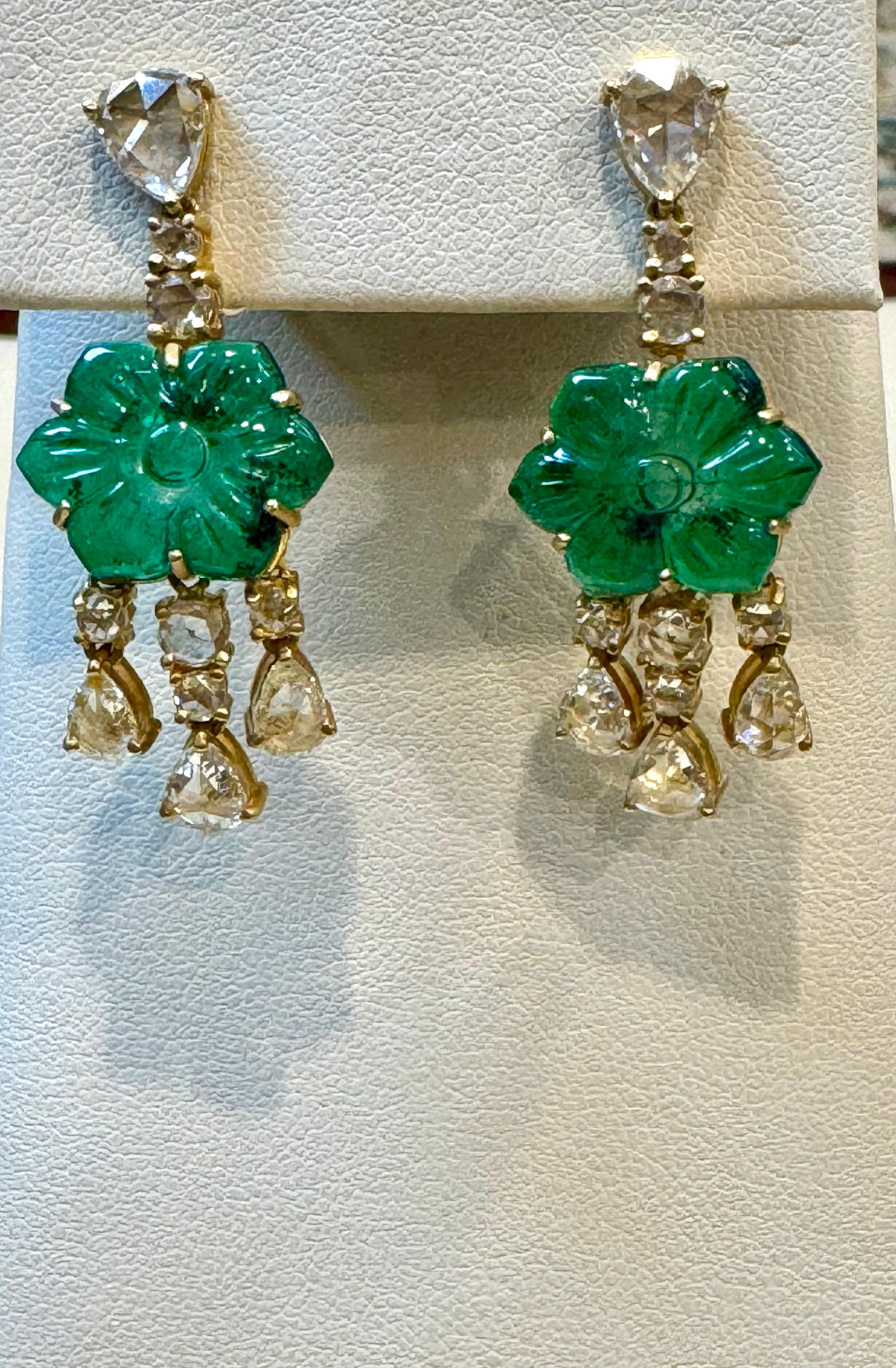 12Ct Carved Emerald & 5 Ct Rose Diamond Dangling Post Earrings 22 Kt Yellow Gold For Sale 7