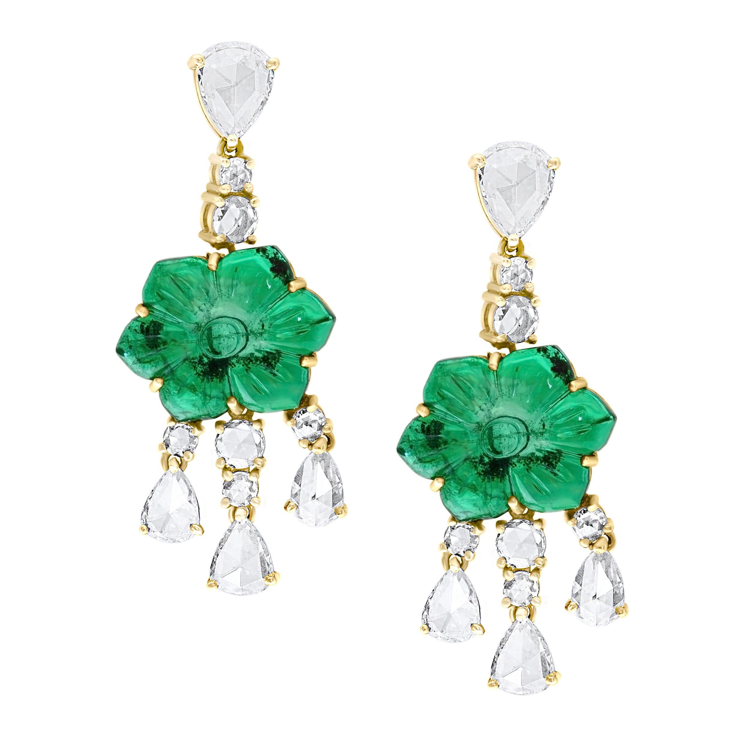 12Ct Carved Emerald & 5 Ct Rose Diamond Dangling Post Earrings 22 Kt Yellow Gold For Sale