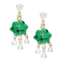 12Ct Carved Emerald & 5 Ct Rose Diamond Dangling Post Earrings 22 Kt Yellow Gold